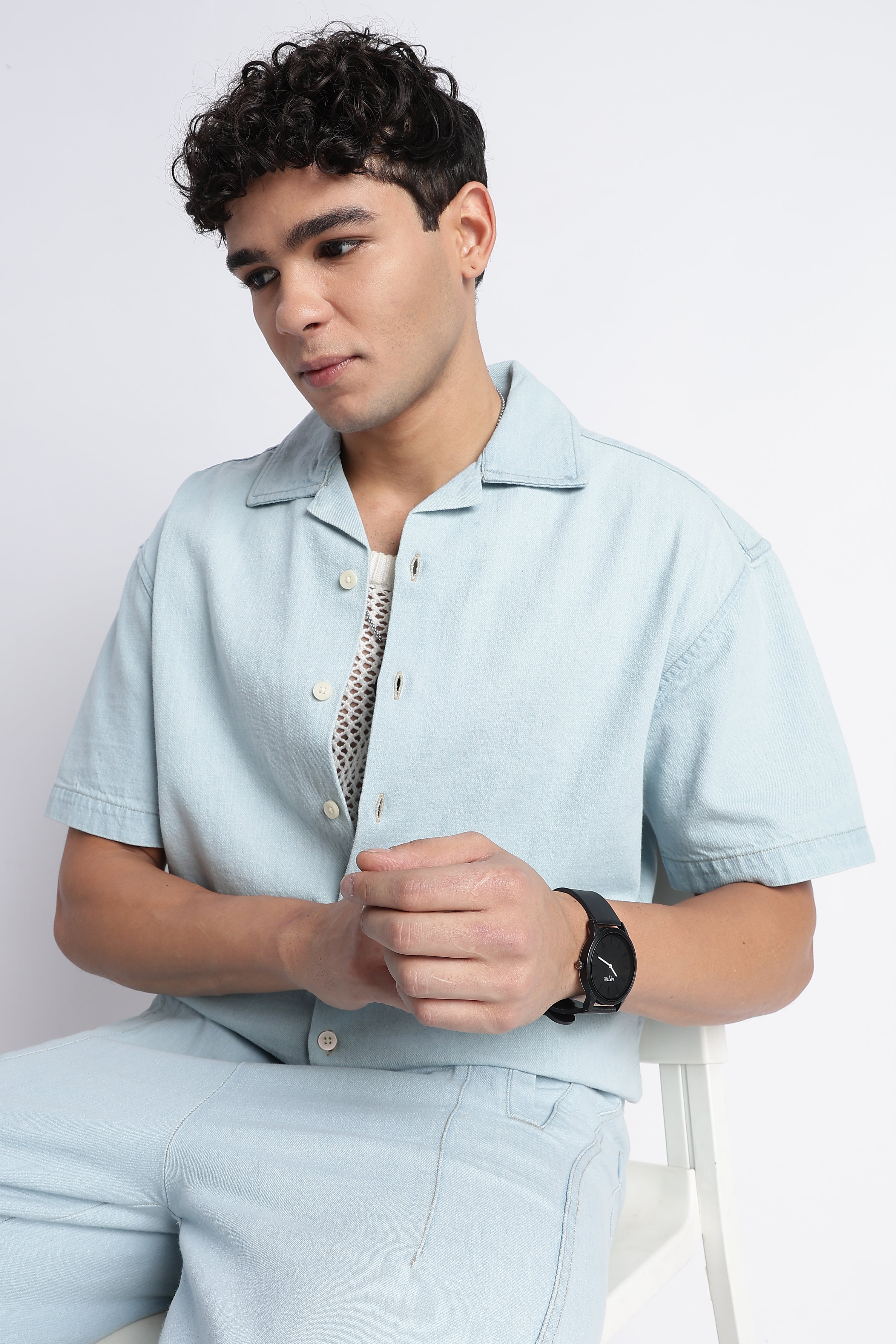 Men Ice Blue Denim Cuban Collar Shirt