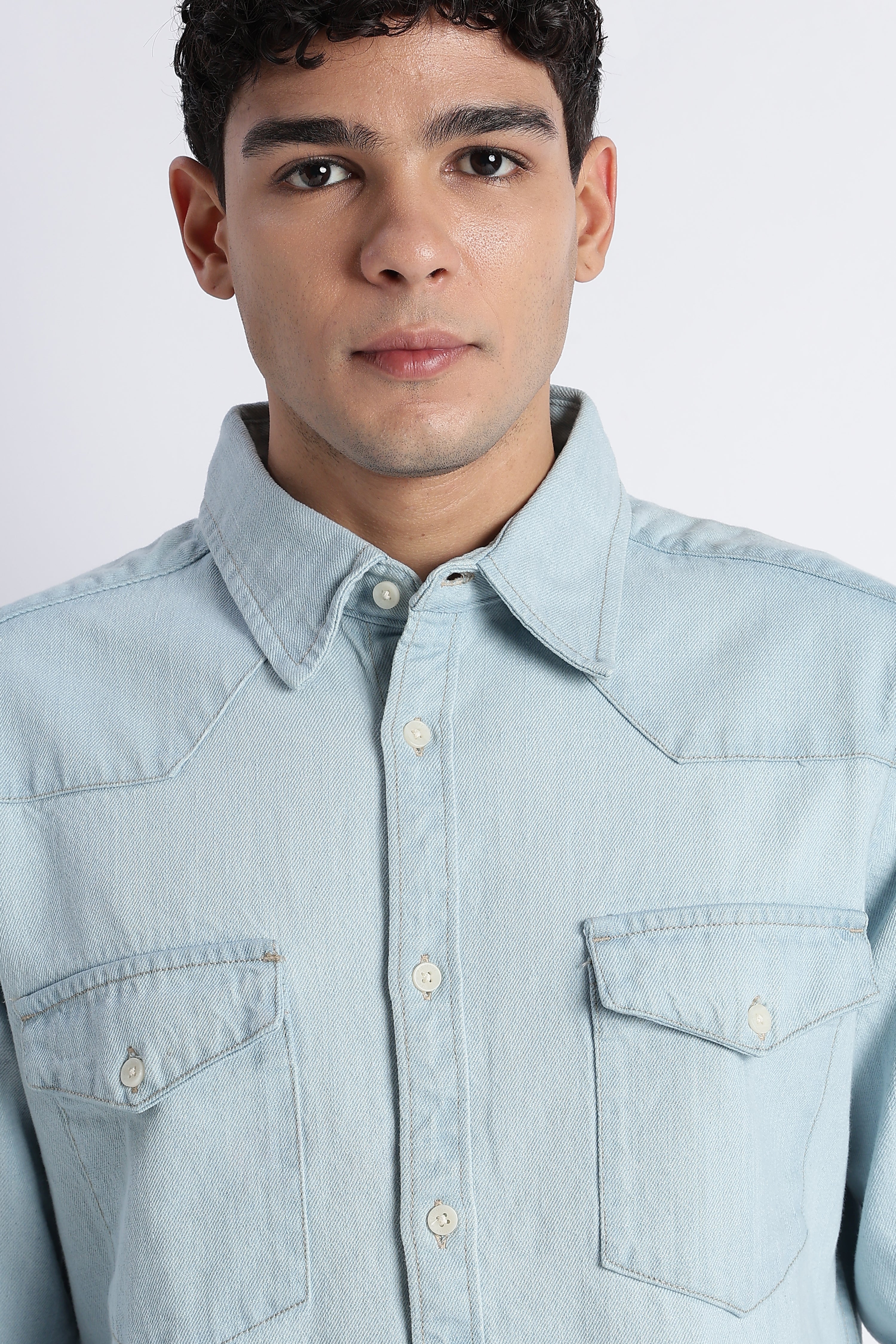 Men Ice Blue Western Denim Shirt
