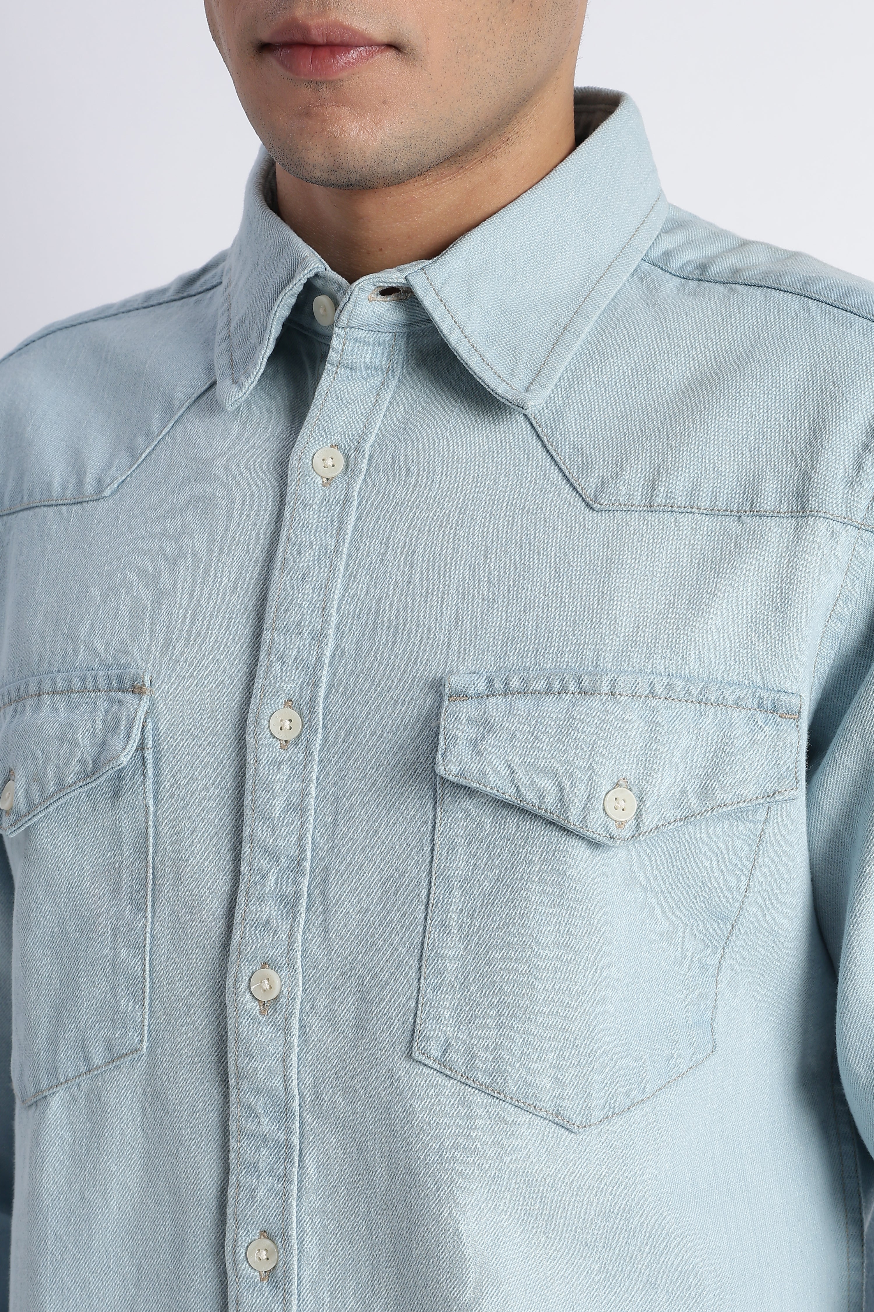 Men Ice Blue Western Denim Shirt