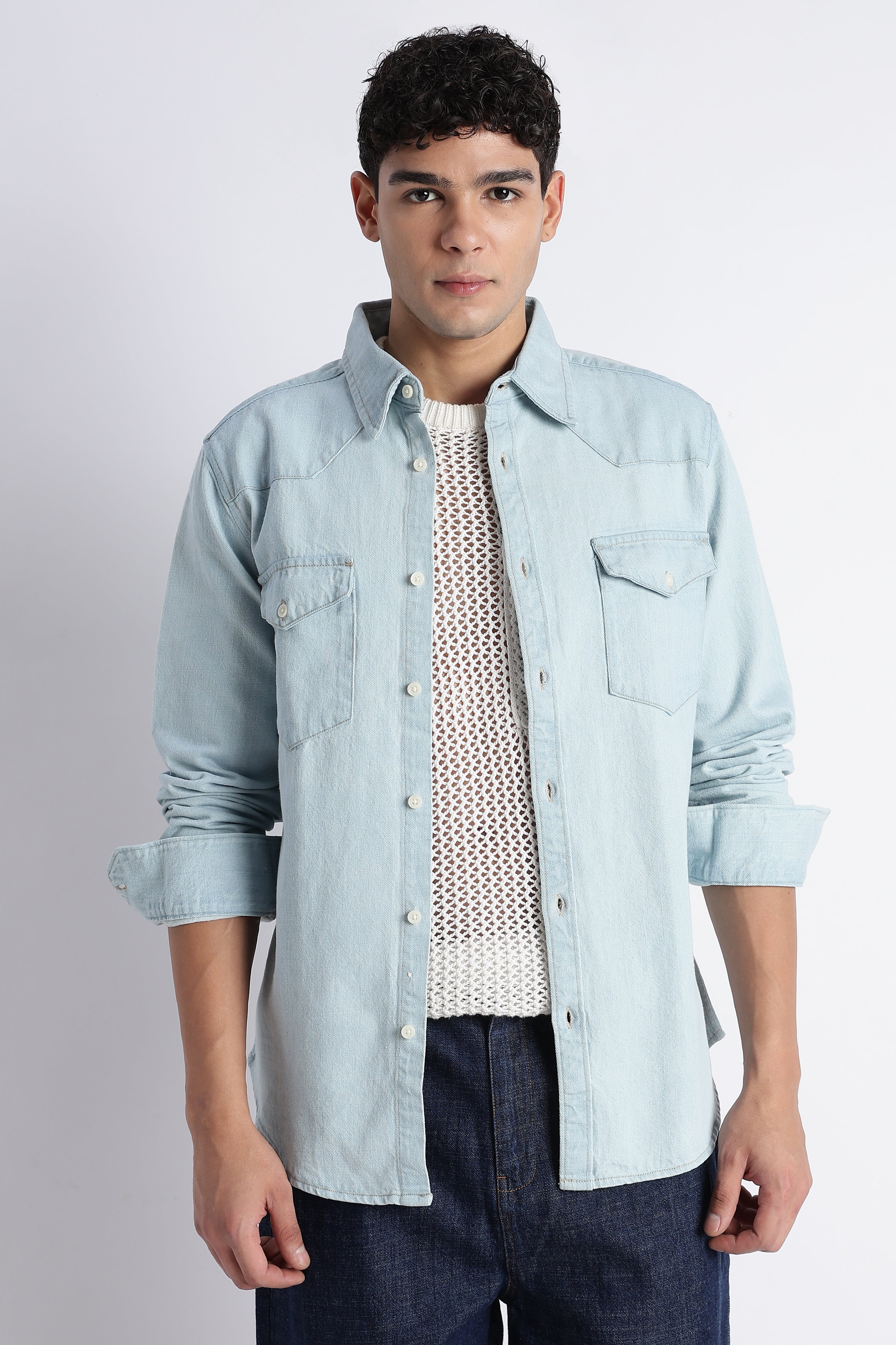 Men Ice Blue Western Denim Shirt