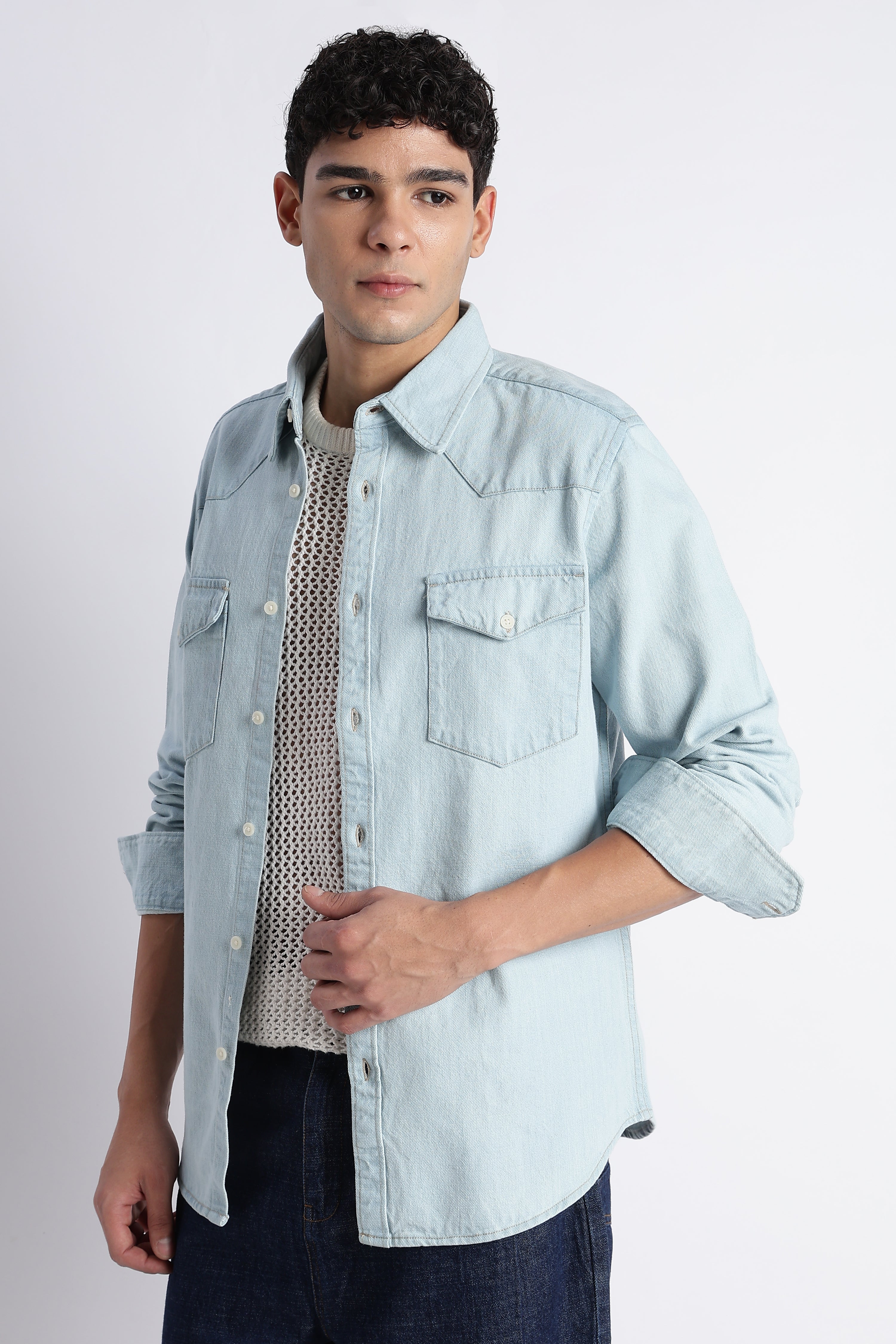 Men Ice Blue Western Denim Shirt