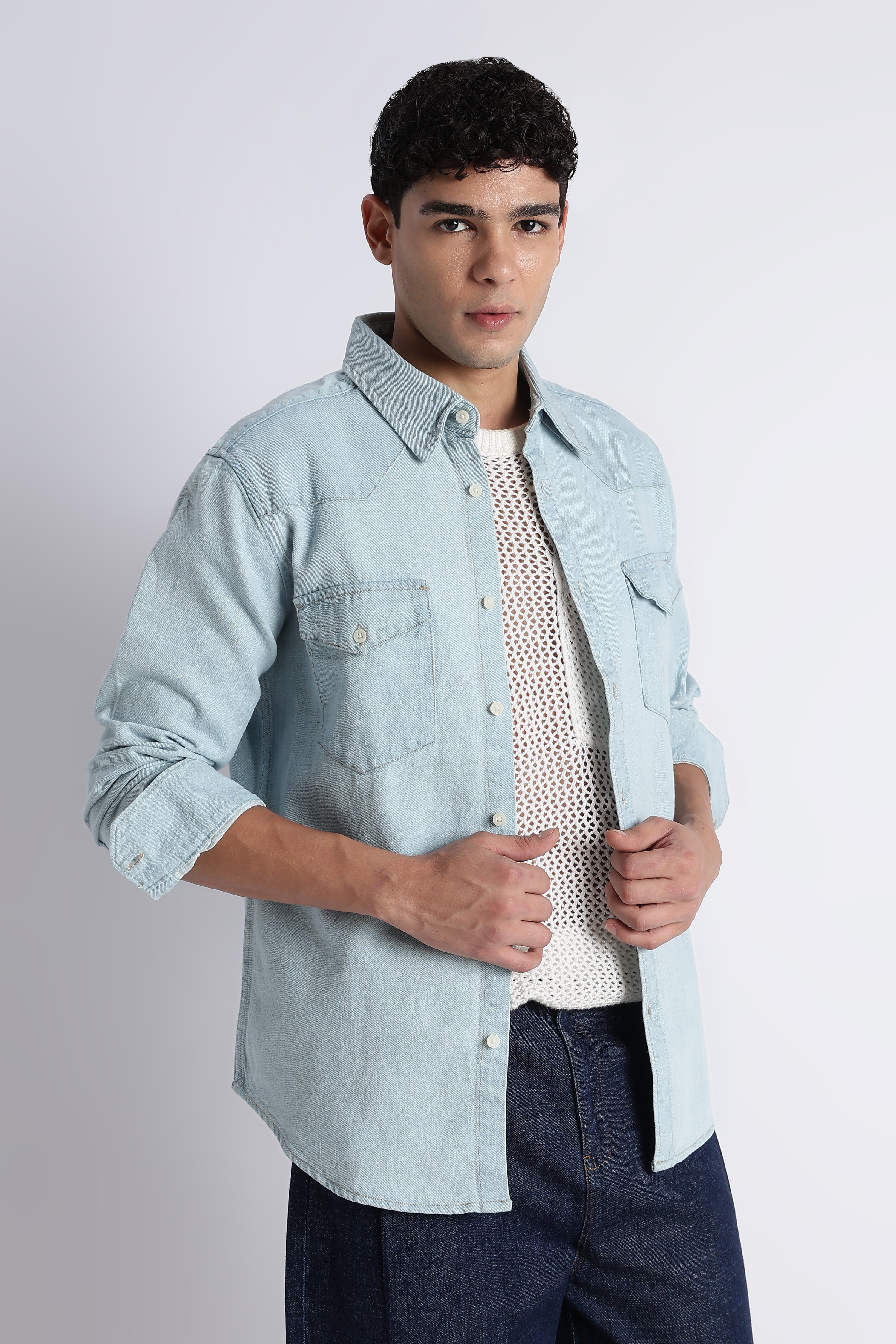 Men Ice Blue Western Denim Shirt