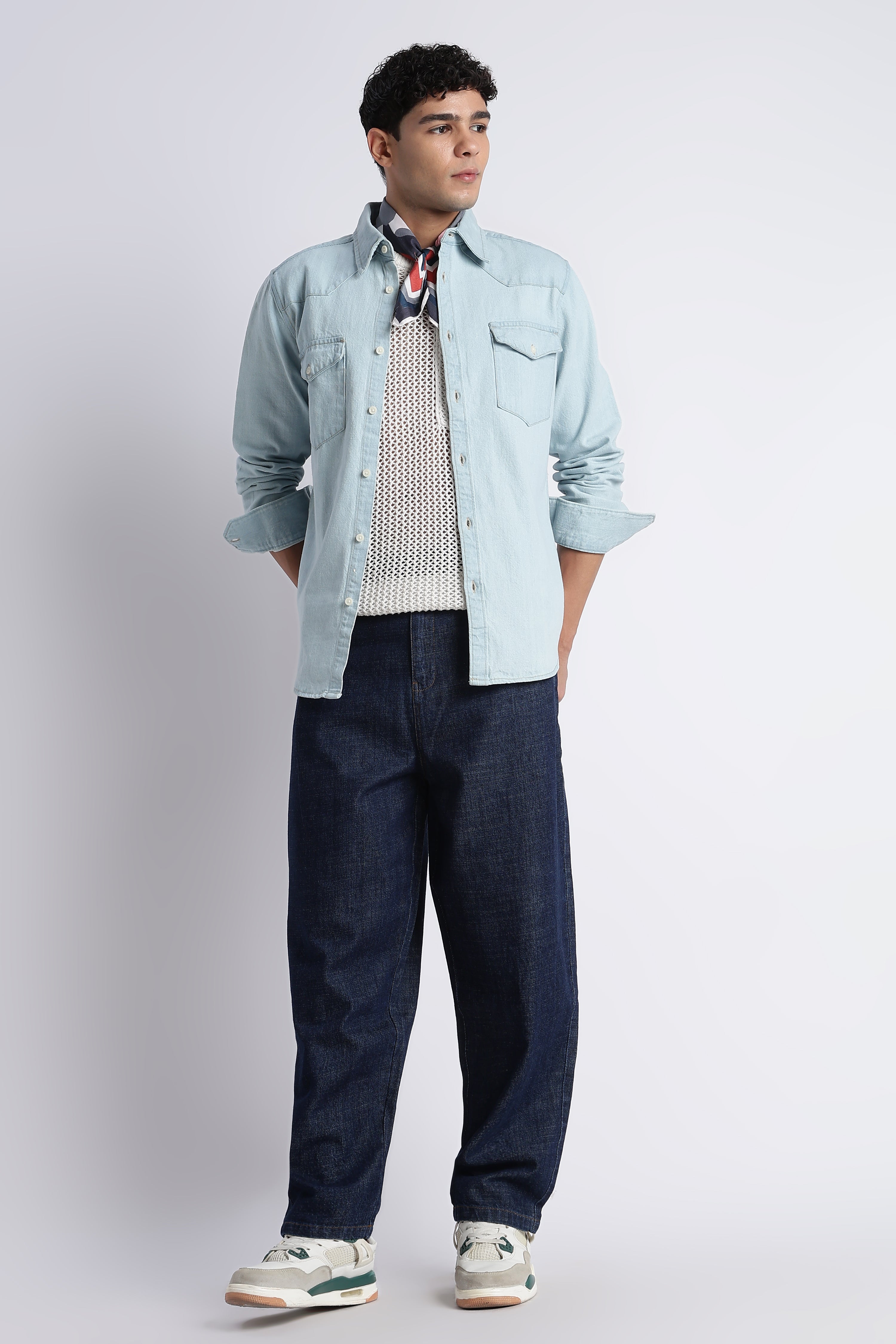 Men Ice Blue Western Denim Shirt