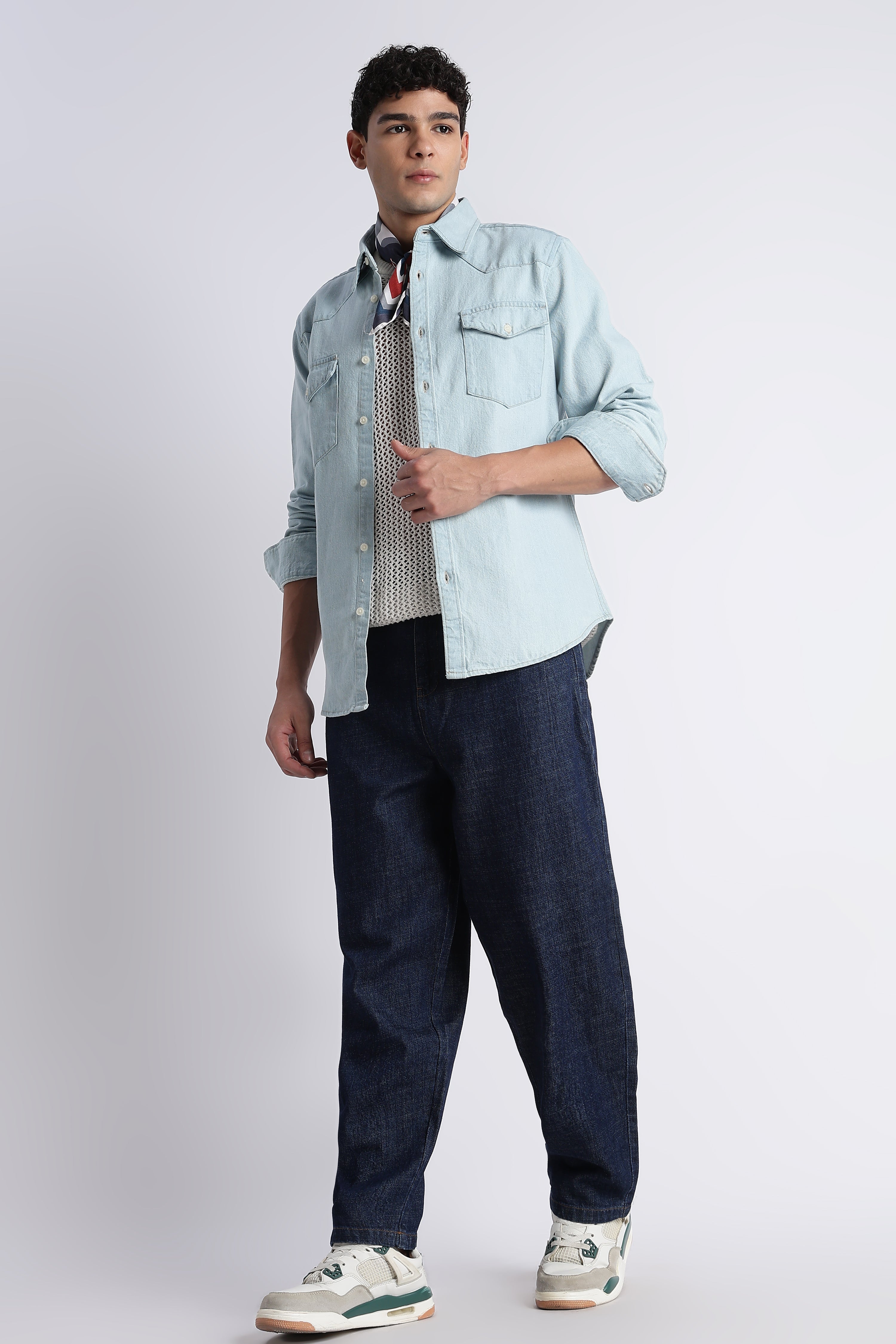 Men Ice Blue Western Denim Shirt