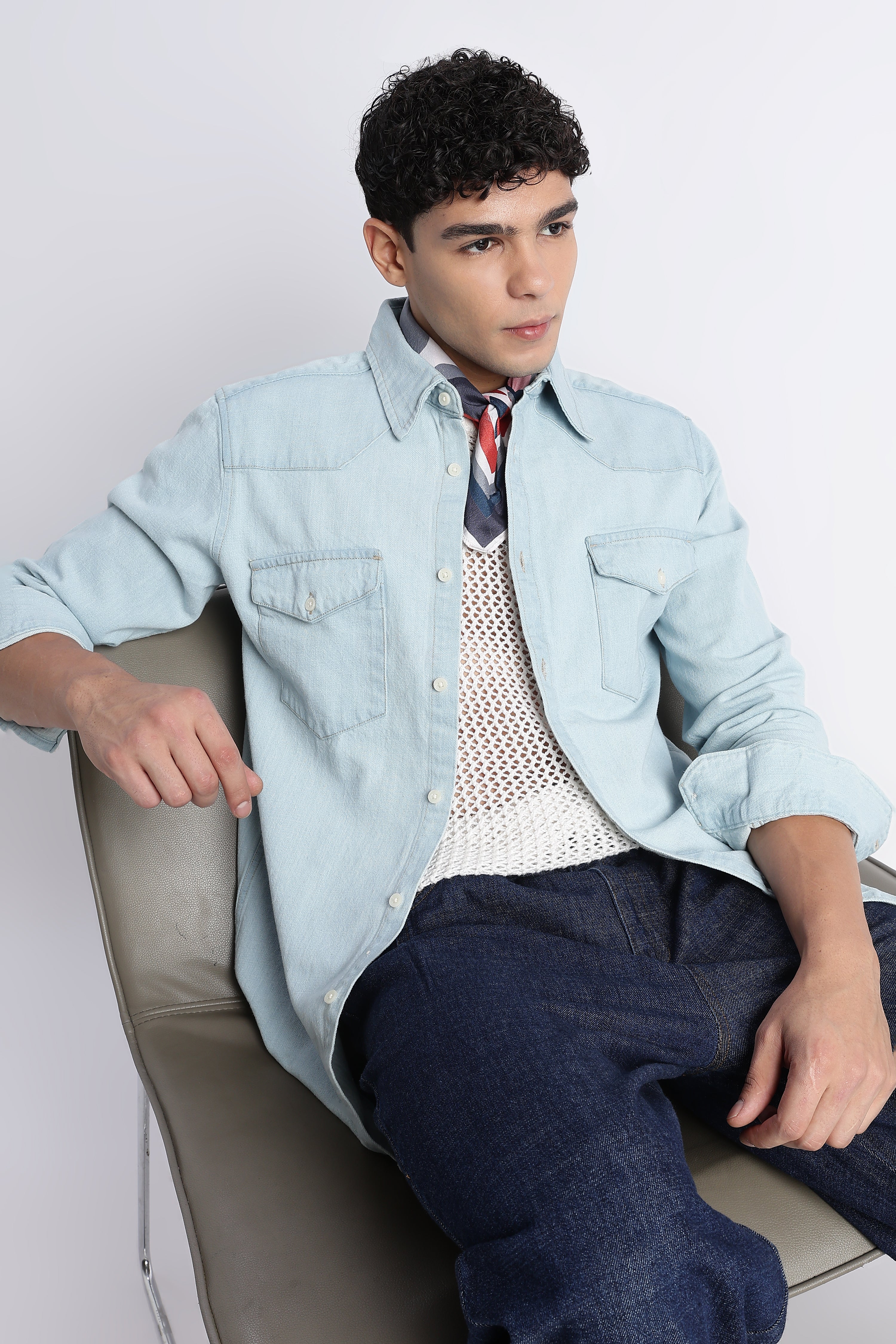 Men Ice Blue Western Denim Shirt