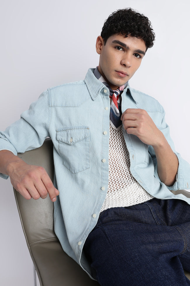 Men Ice Blue Western Denim Shirt