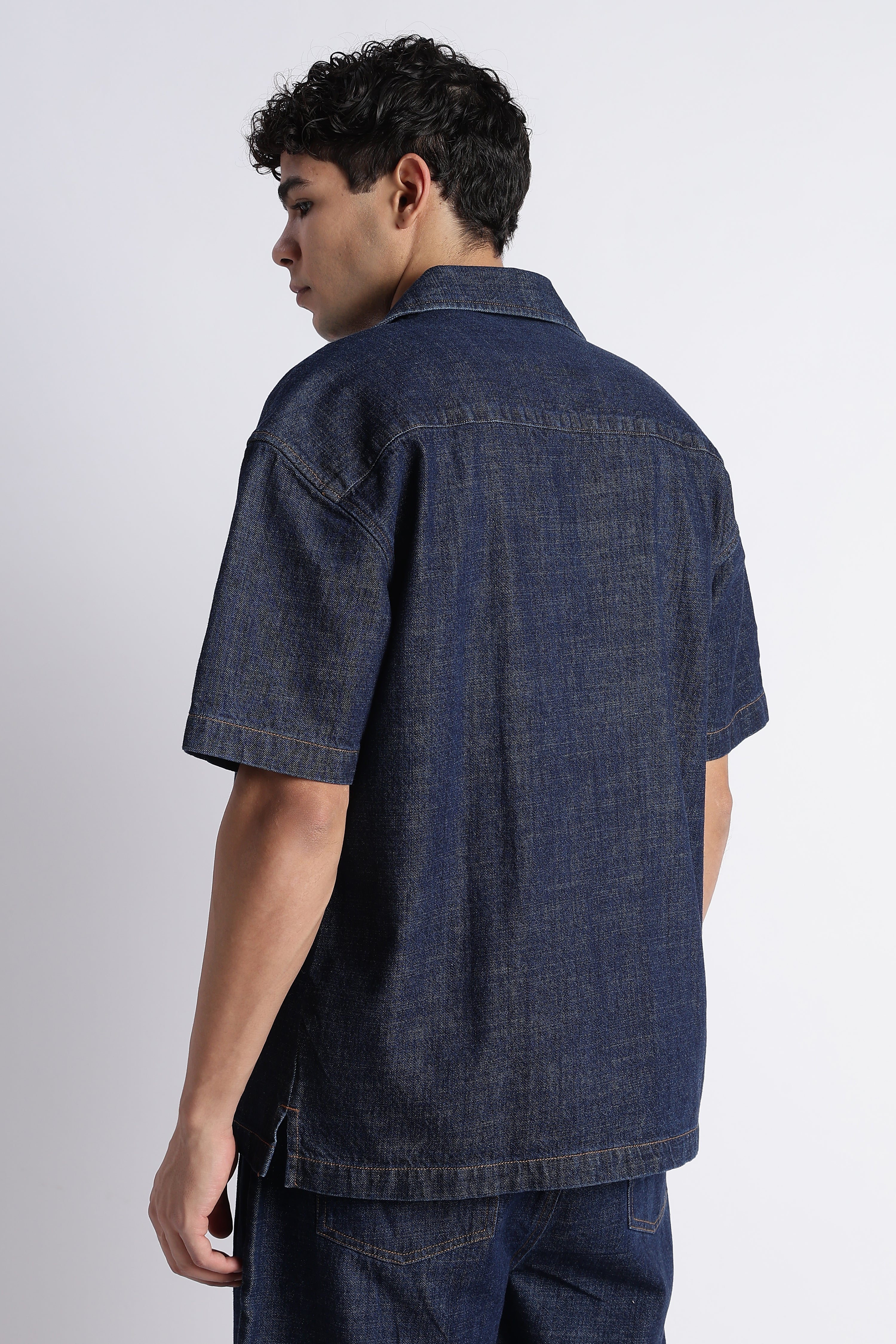 Men Indigo Denim Cuban Collar Shirt