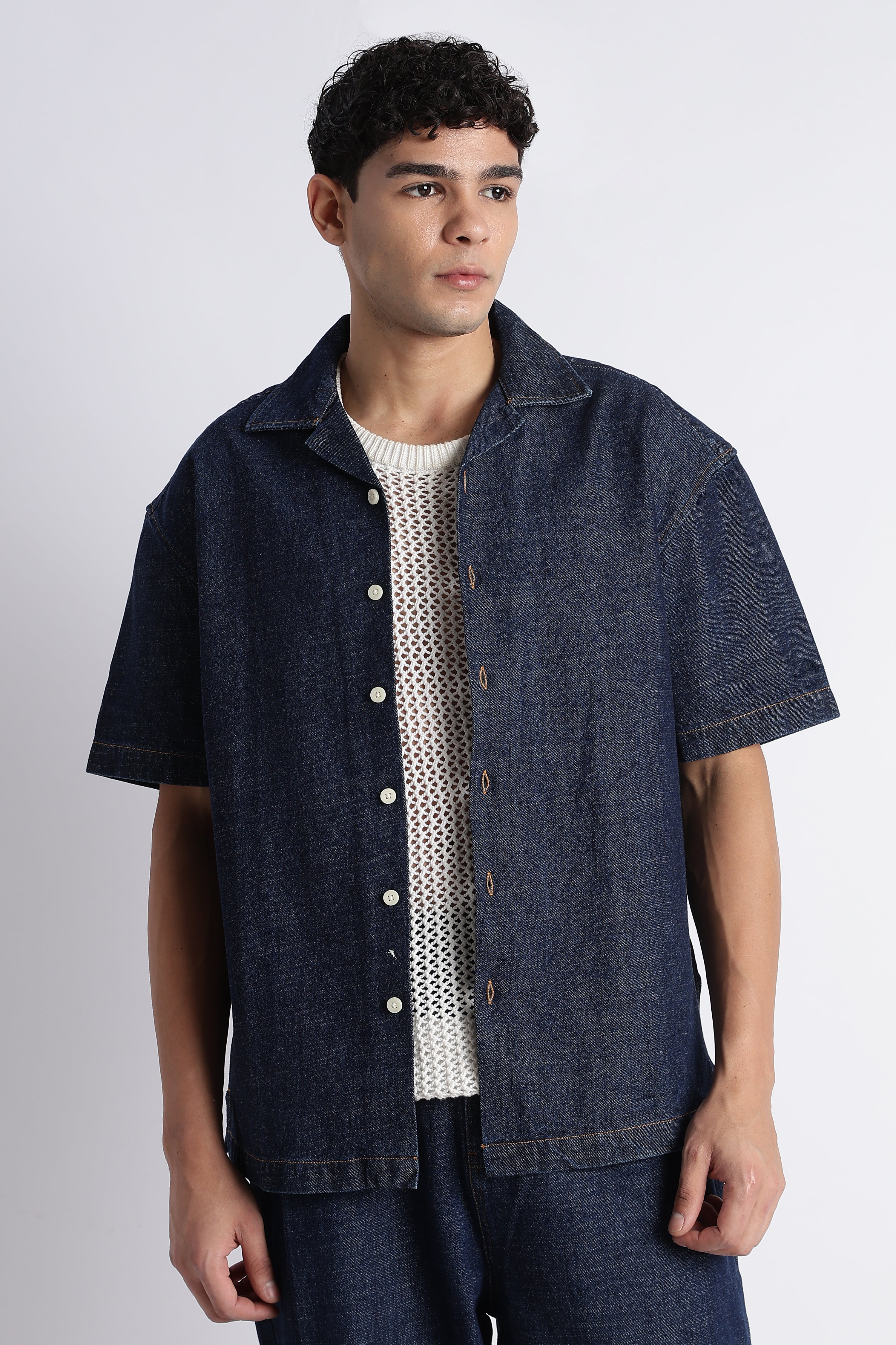 Men Indigo Denim Cuban Collar Shirt