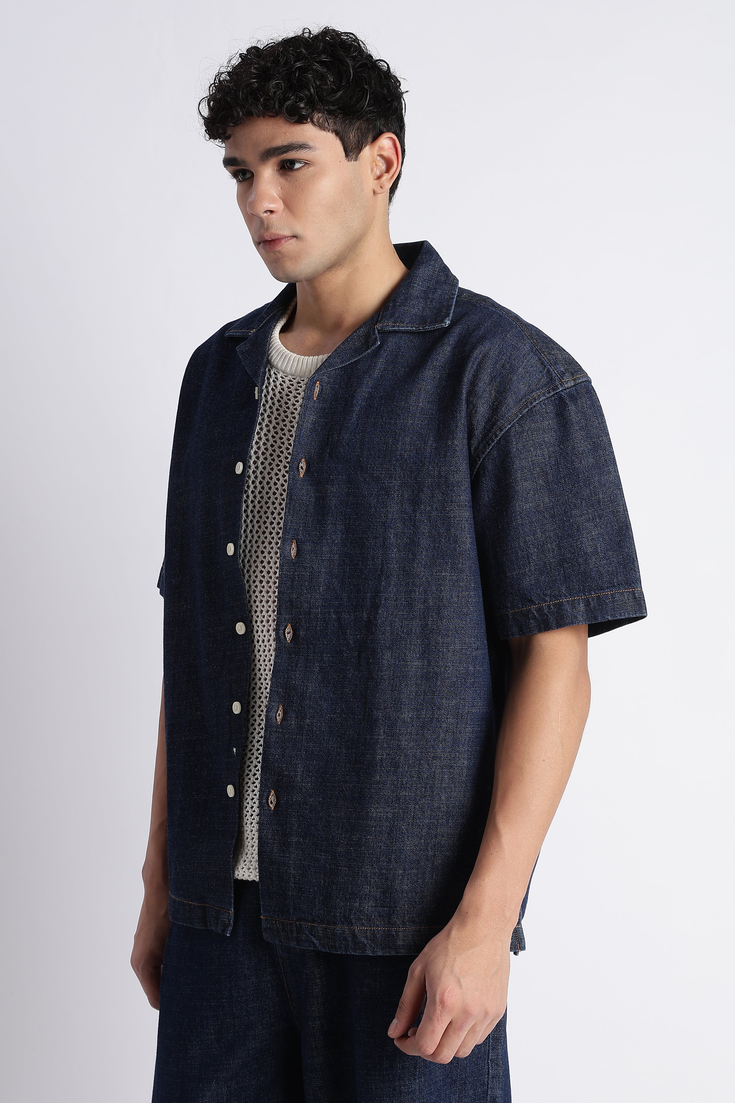 Men Indigo Denim Cuban Collar Shirt