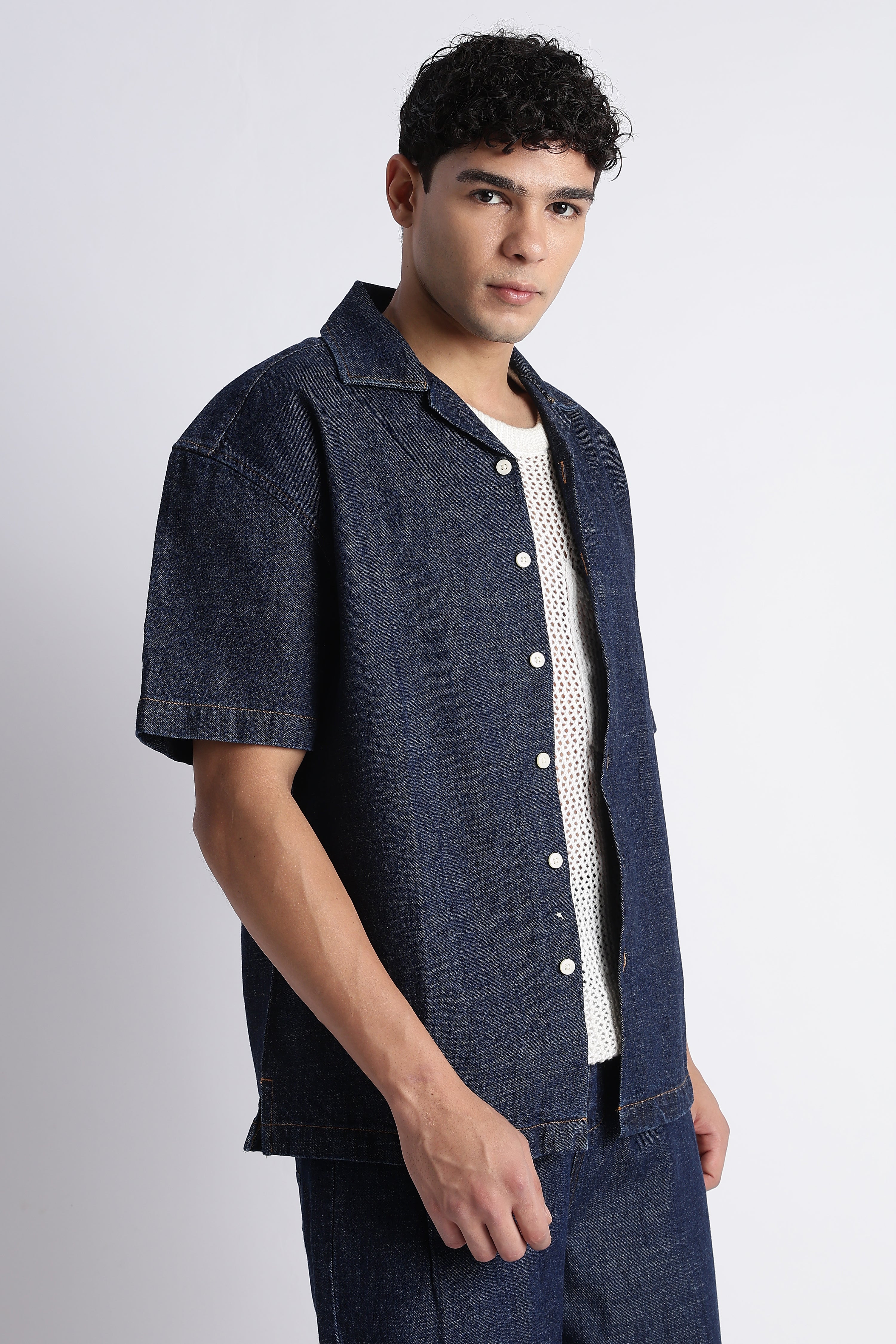 Men Indigo Denim Cuban Collar Shirt