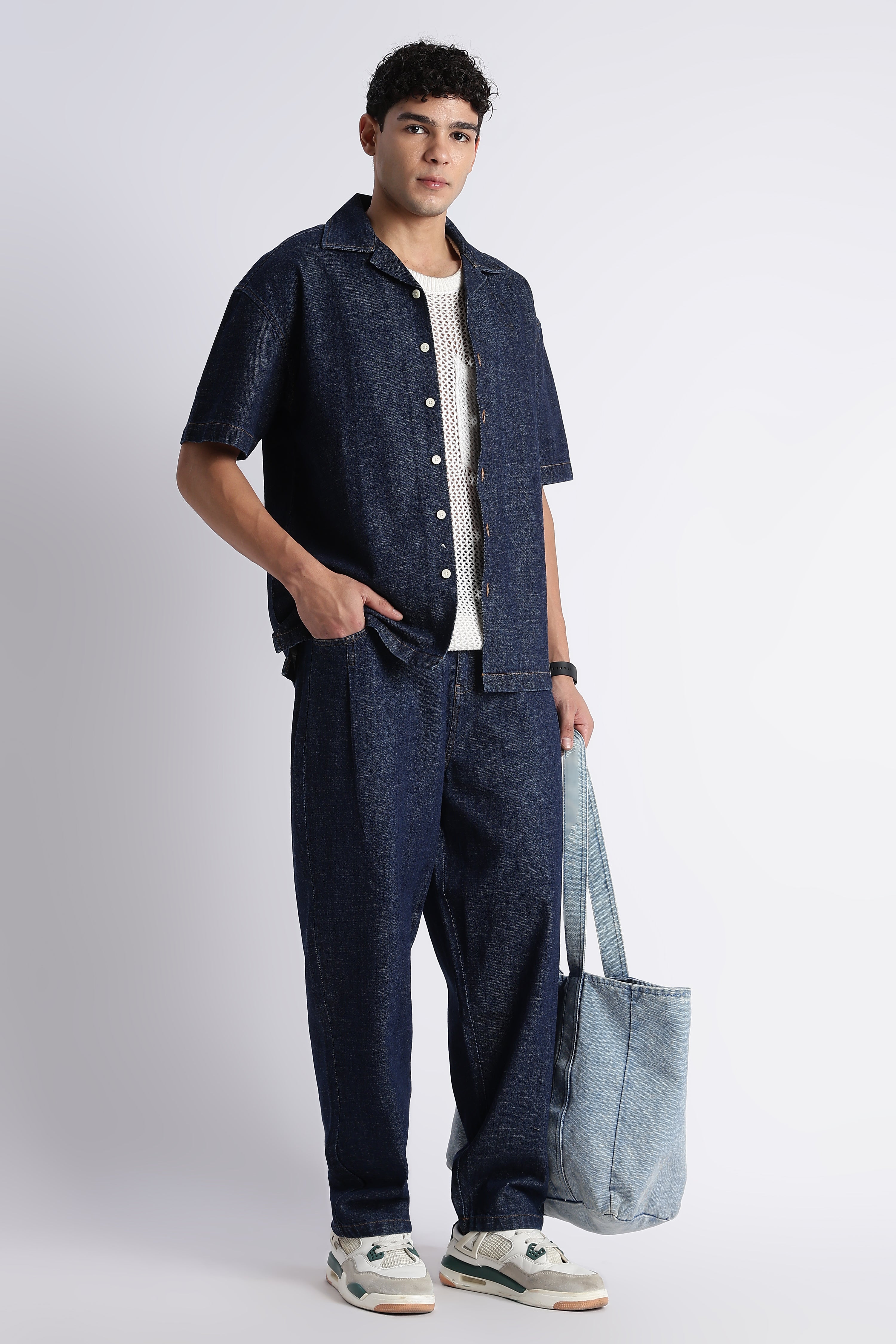 Men Indigo Denim Cuban Collar Shirt
