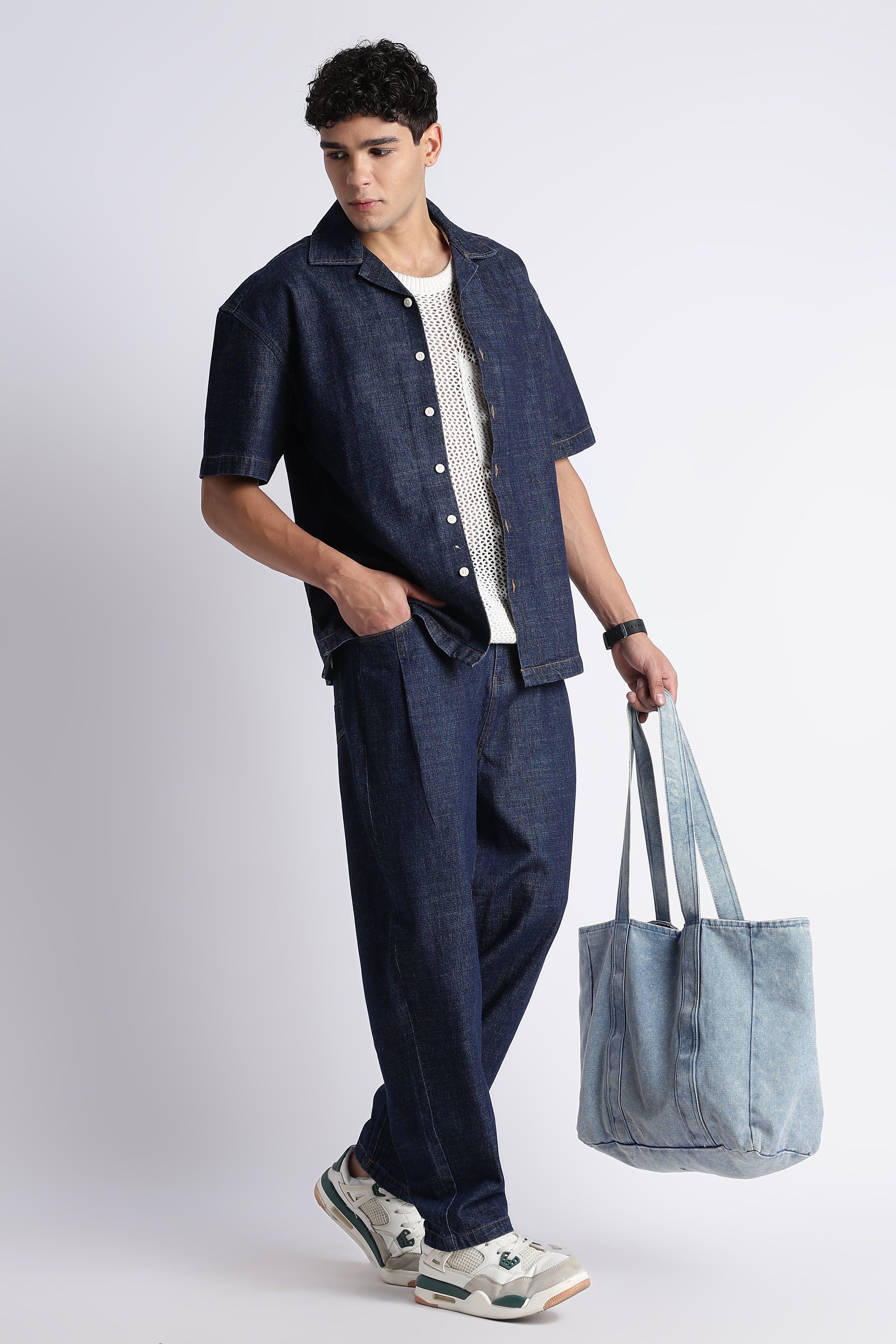 Men Indigo Denim Cuban Collar Shirt