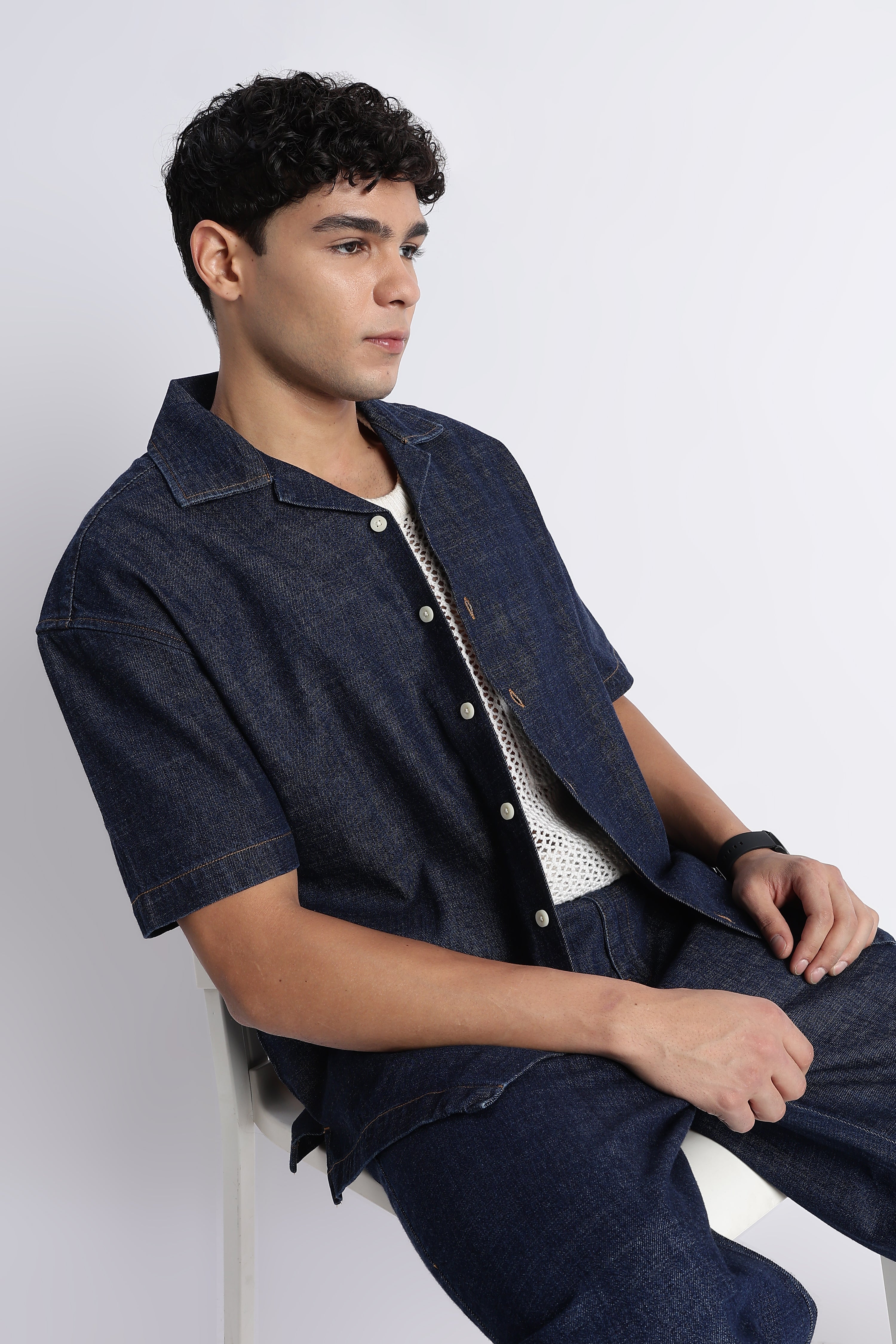 Men Indigo Denim Cuban Collar Shirt