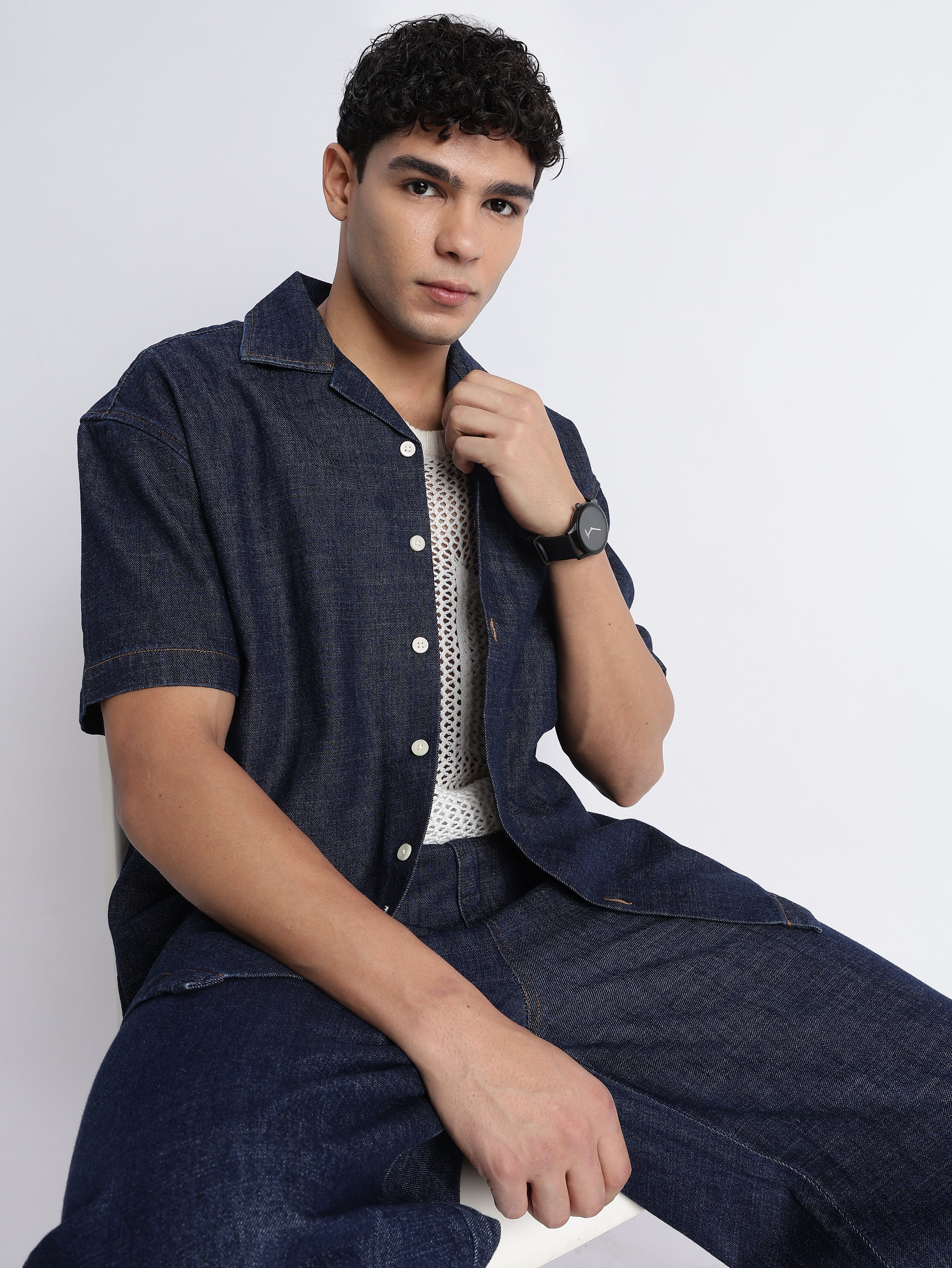 Men Indigo Denim Cuban Collar Shirt