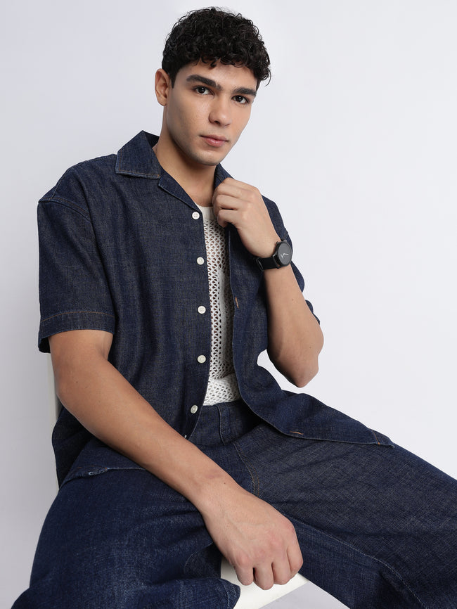 Men Indigo Denim Cuban Collar Shirt