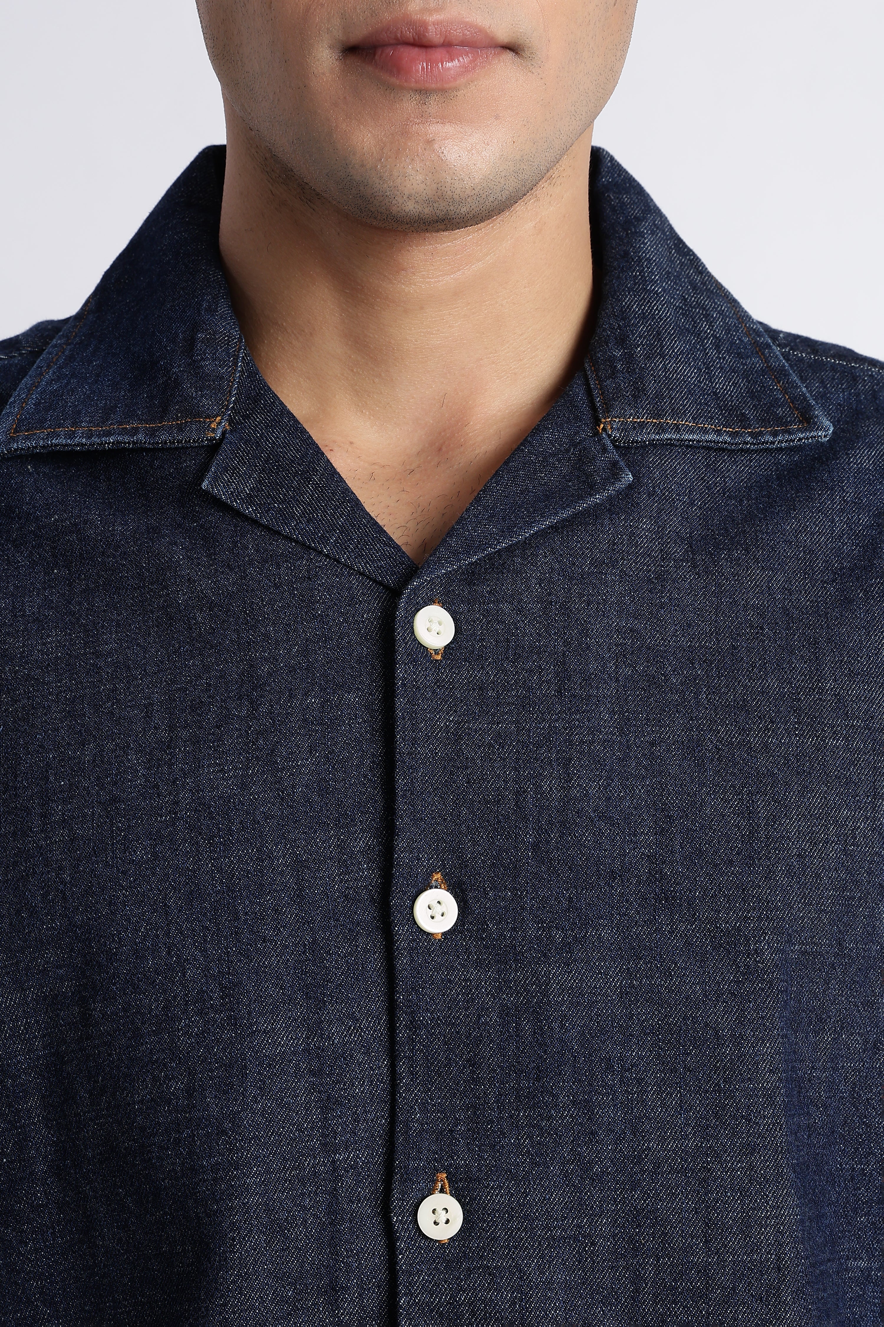 Men Indigo Denim Cuban Collar Shirt