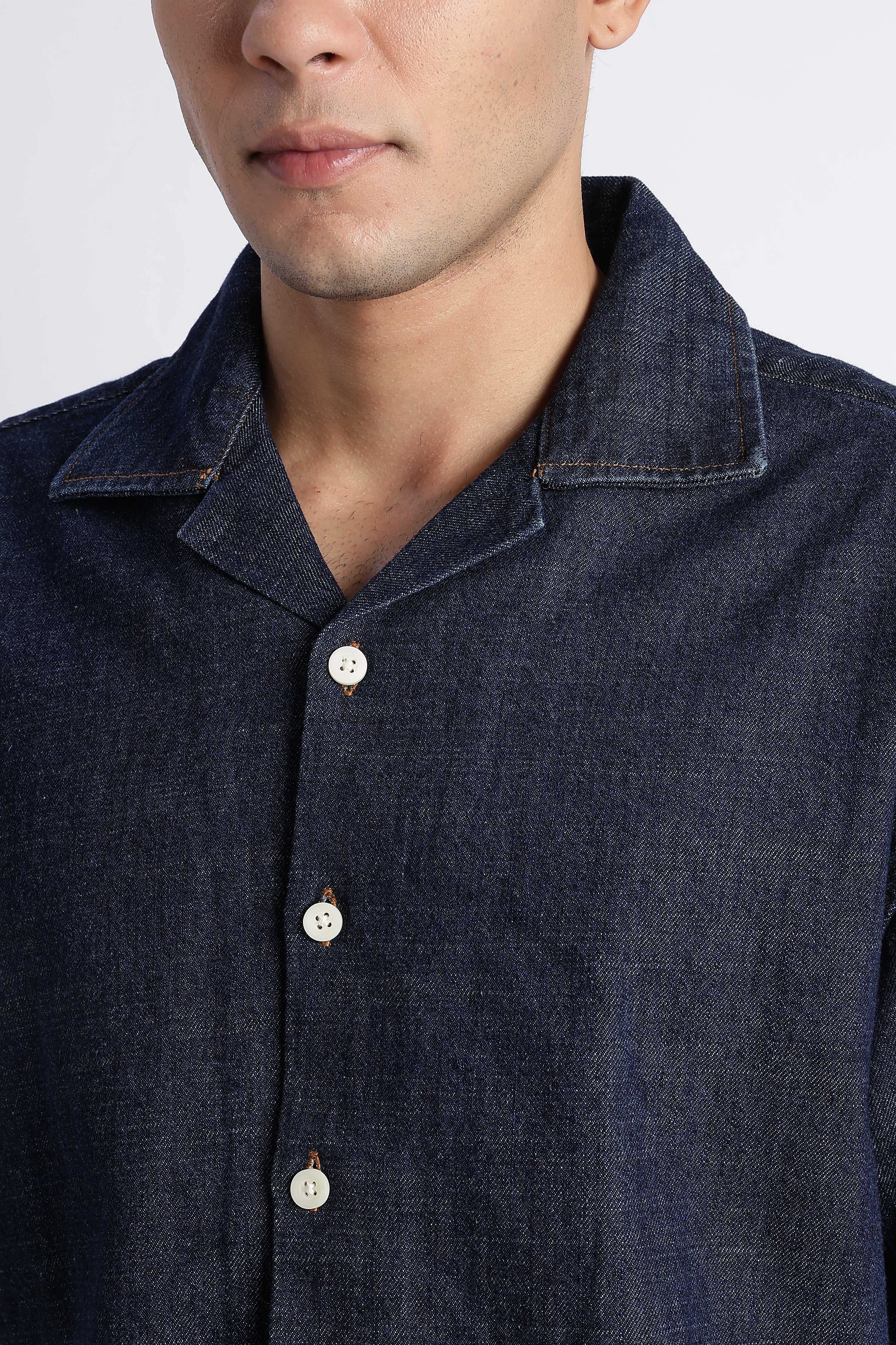 Men Indigo Denim Cuban Collar Shirt