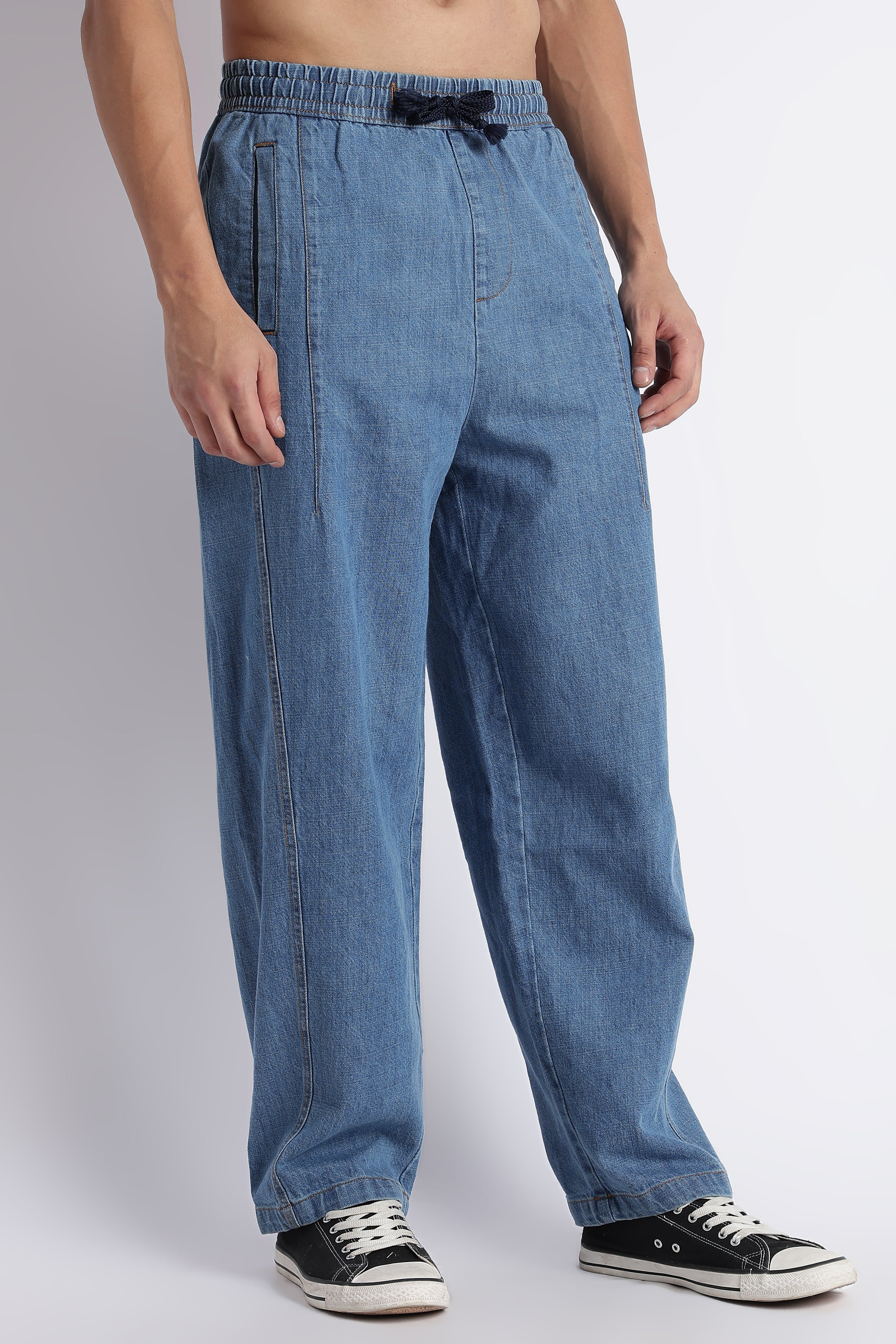 Men Mid Blue Wide-Leg Denim Pant