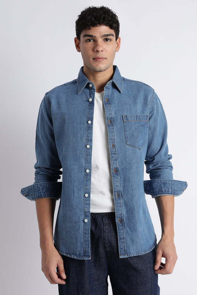Men Mid Blue Denim Shirt