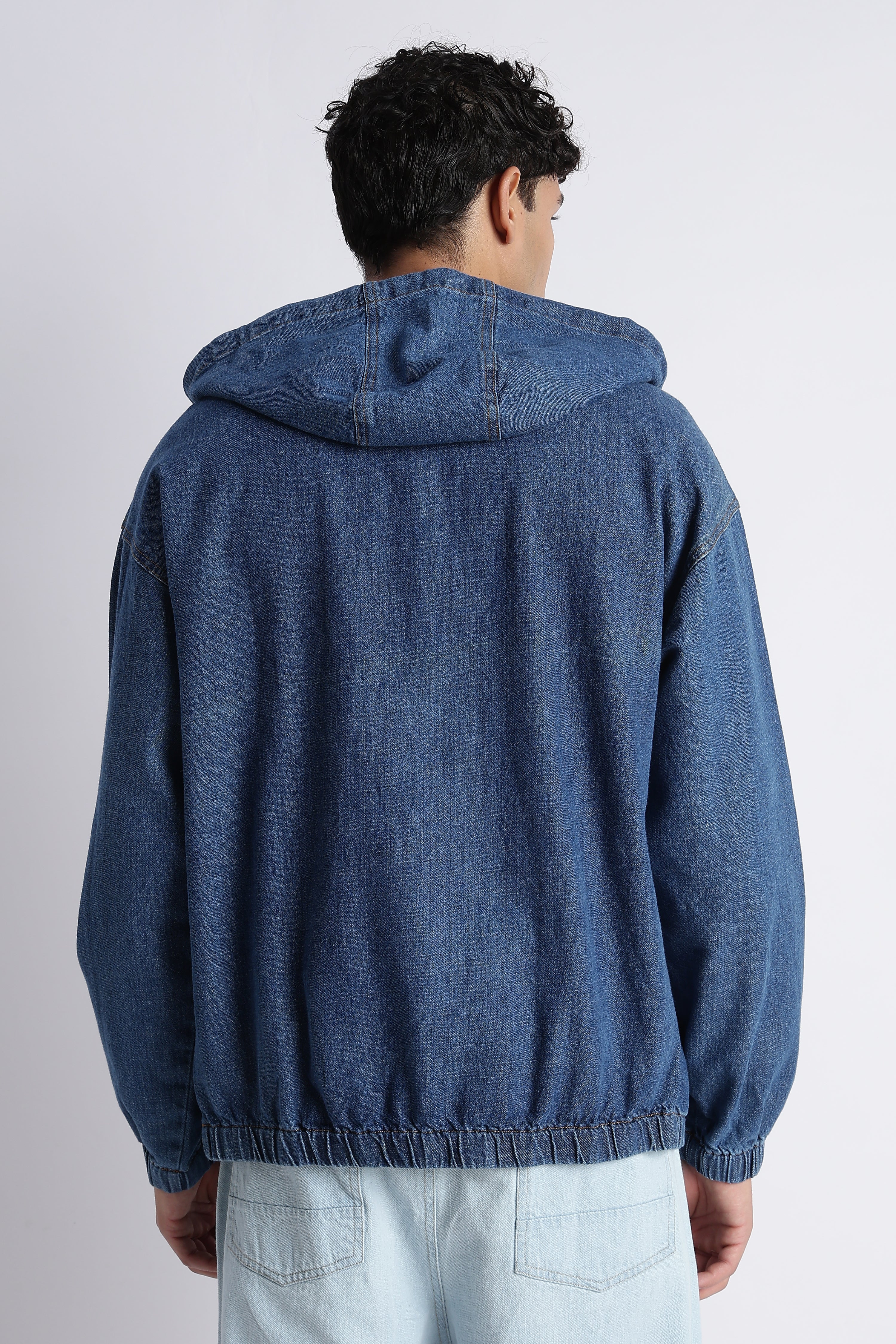 Men Mid Blue Denim Zip-Up Hoodie Jacket