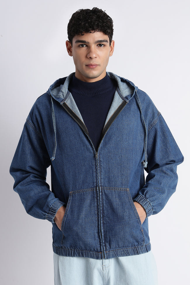 Men Mid Blue Denim Zip-Up Hoodie Jacket