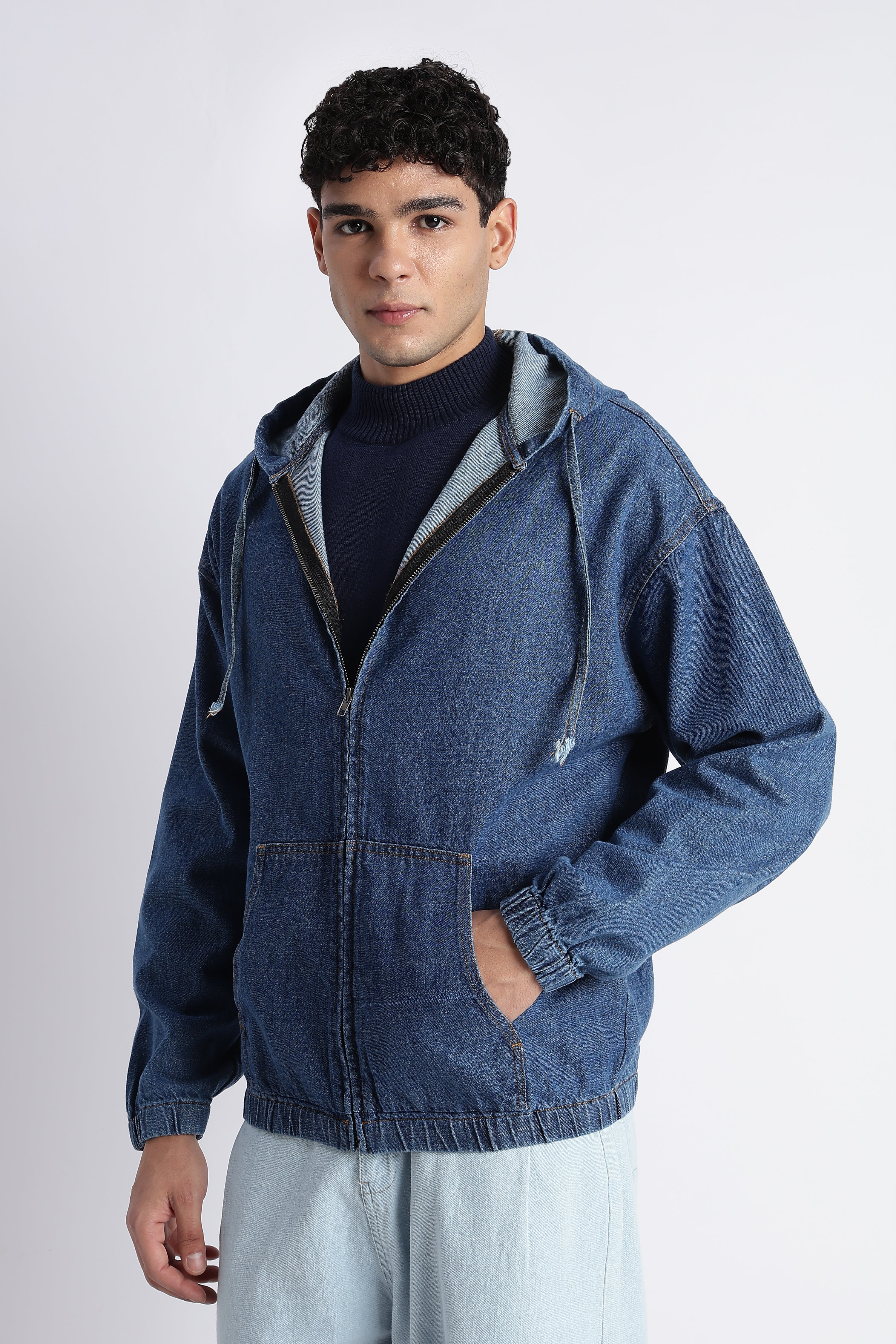 Men Mid Blue Denim Zip-Up Hoodie Jacket