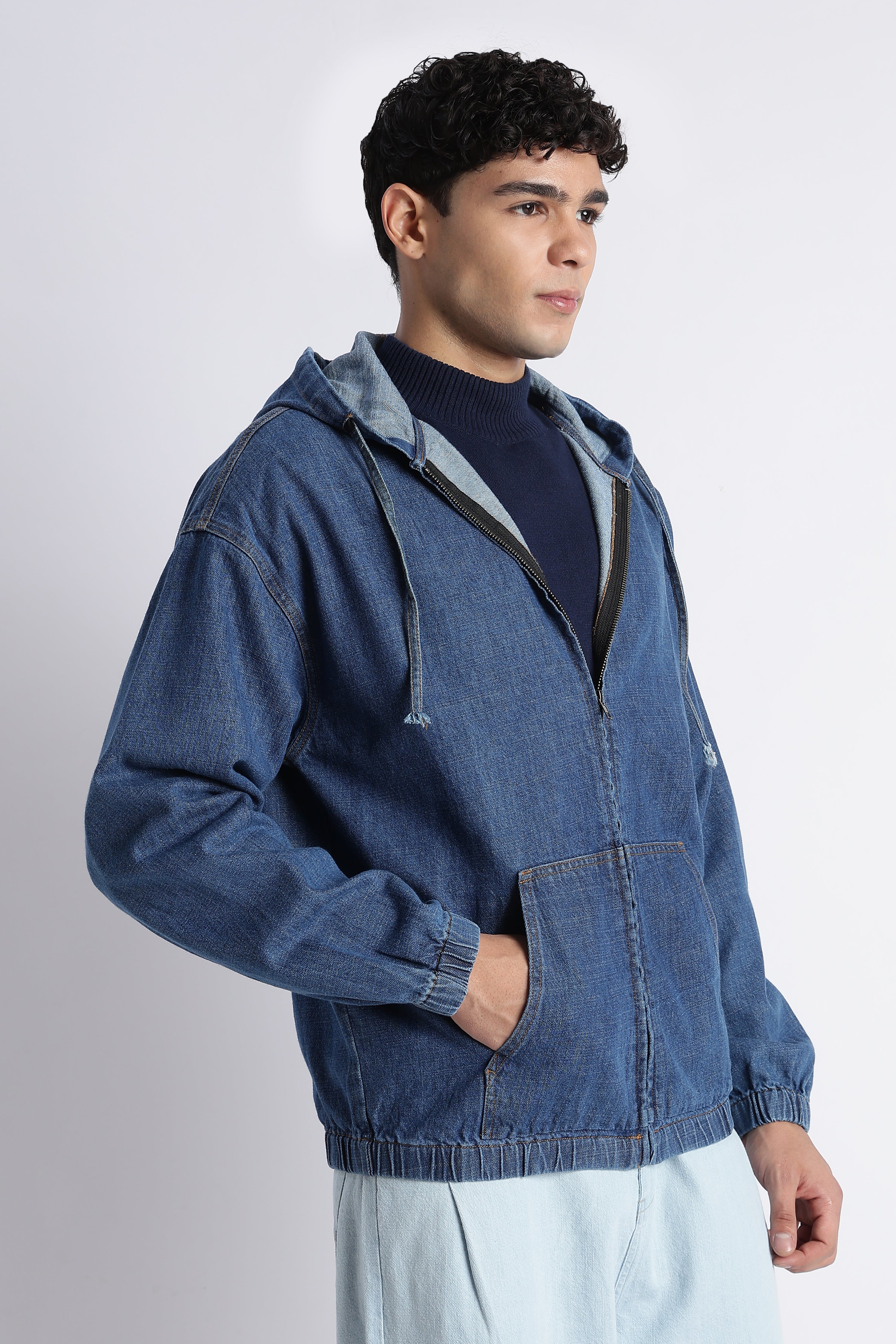 Men Mid Blue Denim Zip-Up Hoodie Jacket