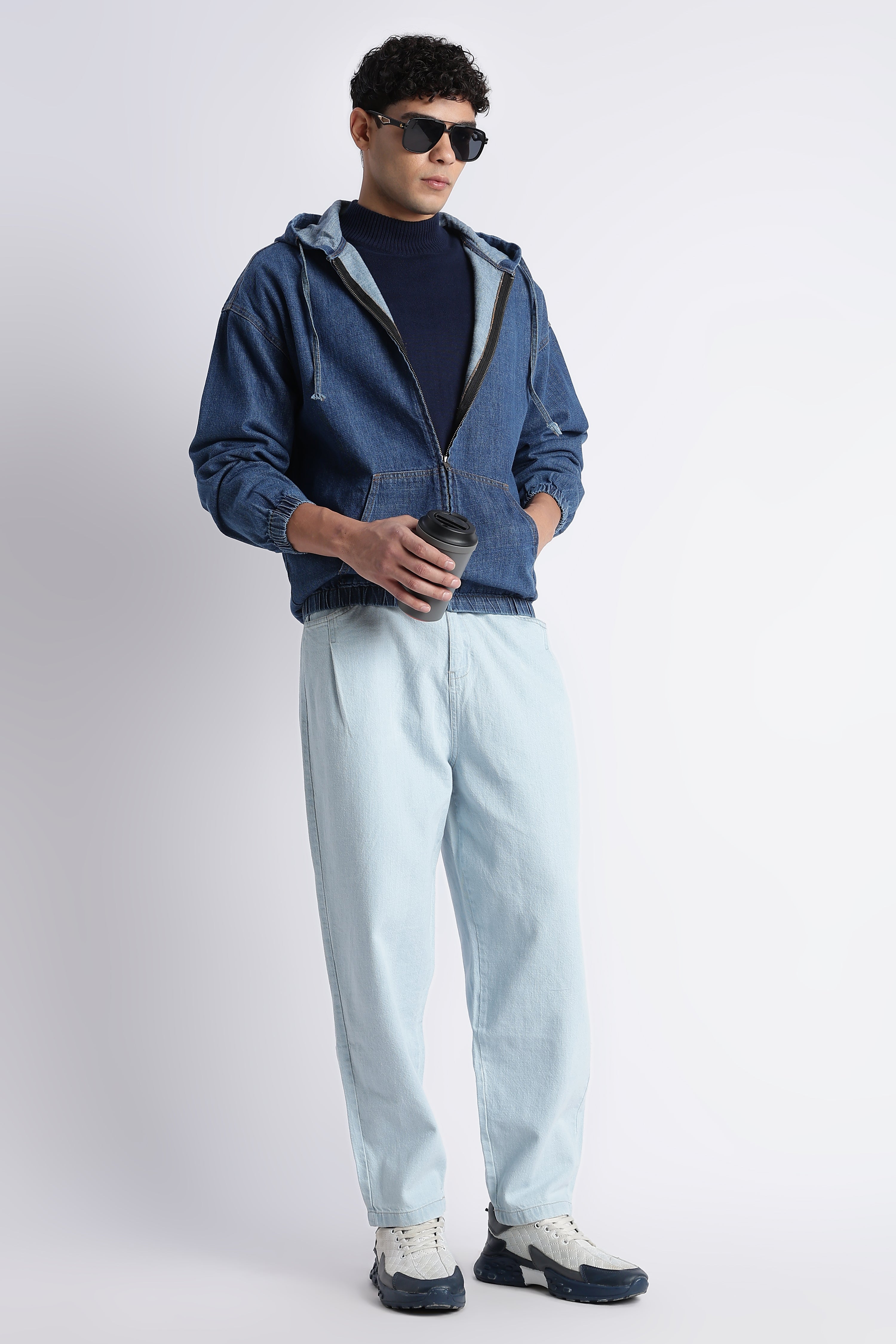 Men Mid Blue Denim Zip-Up Hoodie Jacket