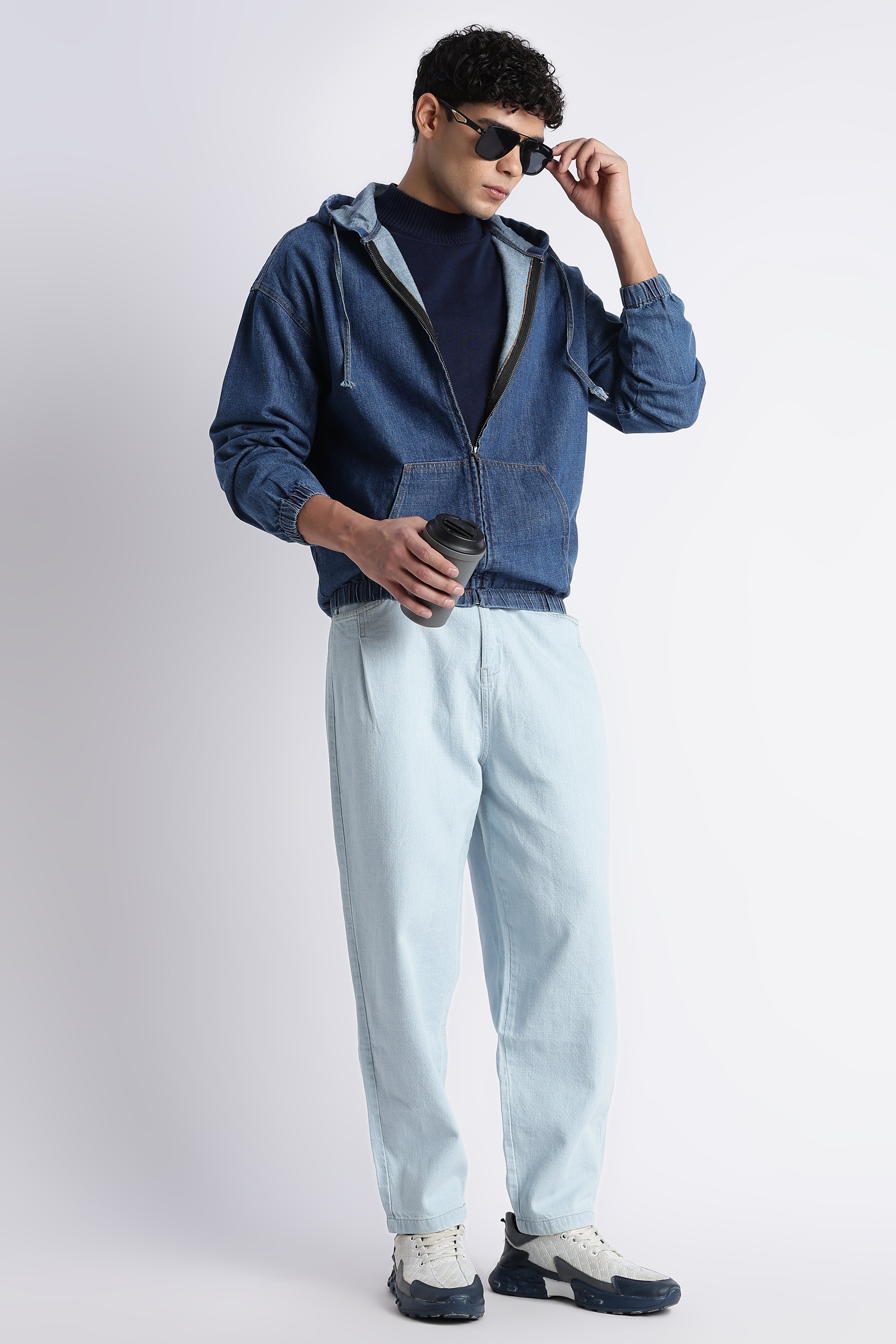 Men Mid Blue Denim Zip-Up Hoodie Jacket