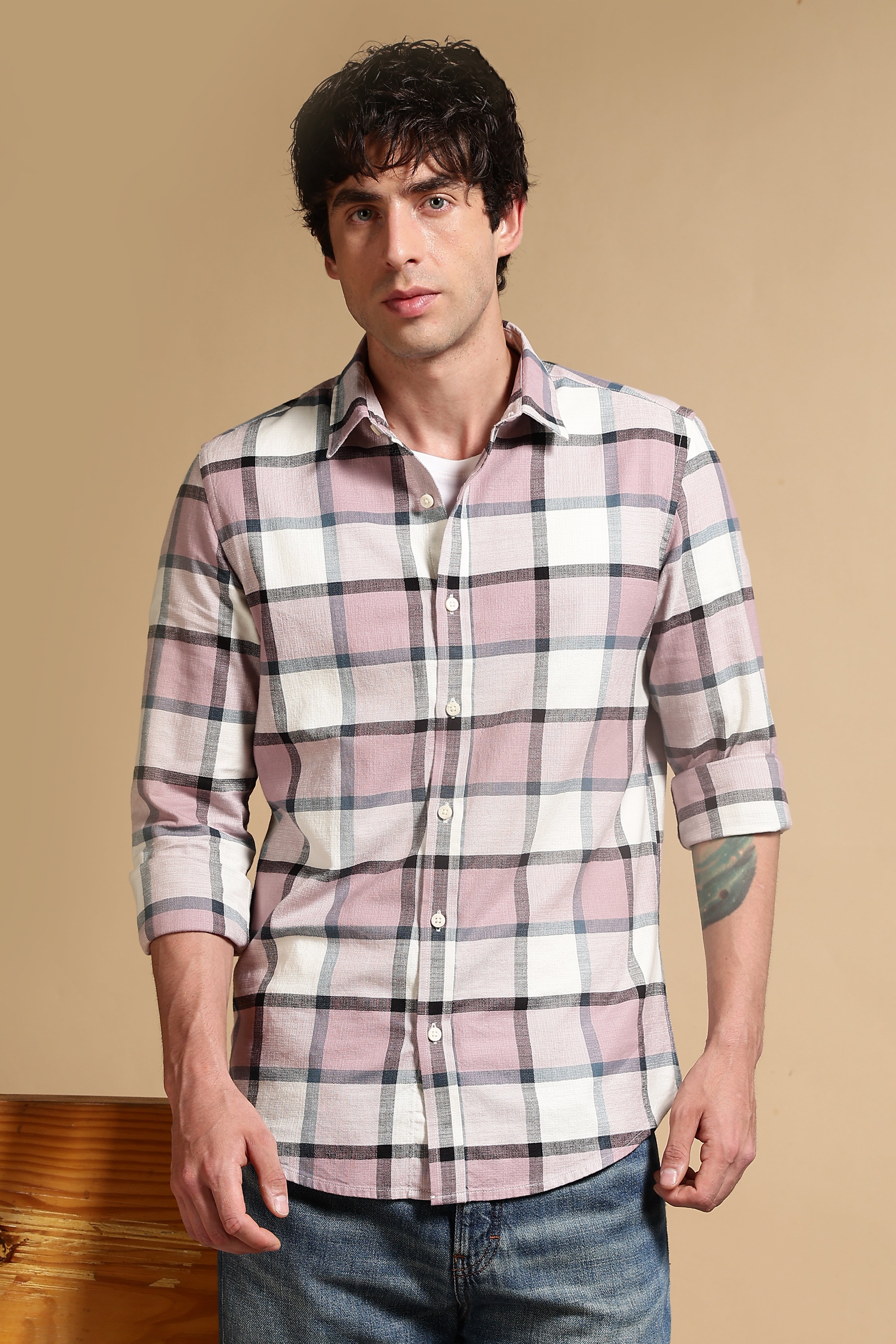 Men Pink Slim Fit Cotton Check Shirt