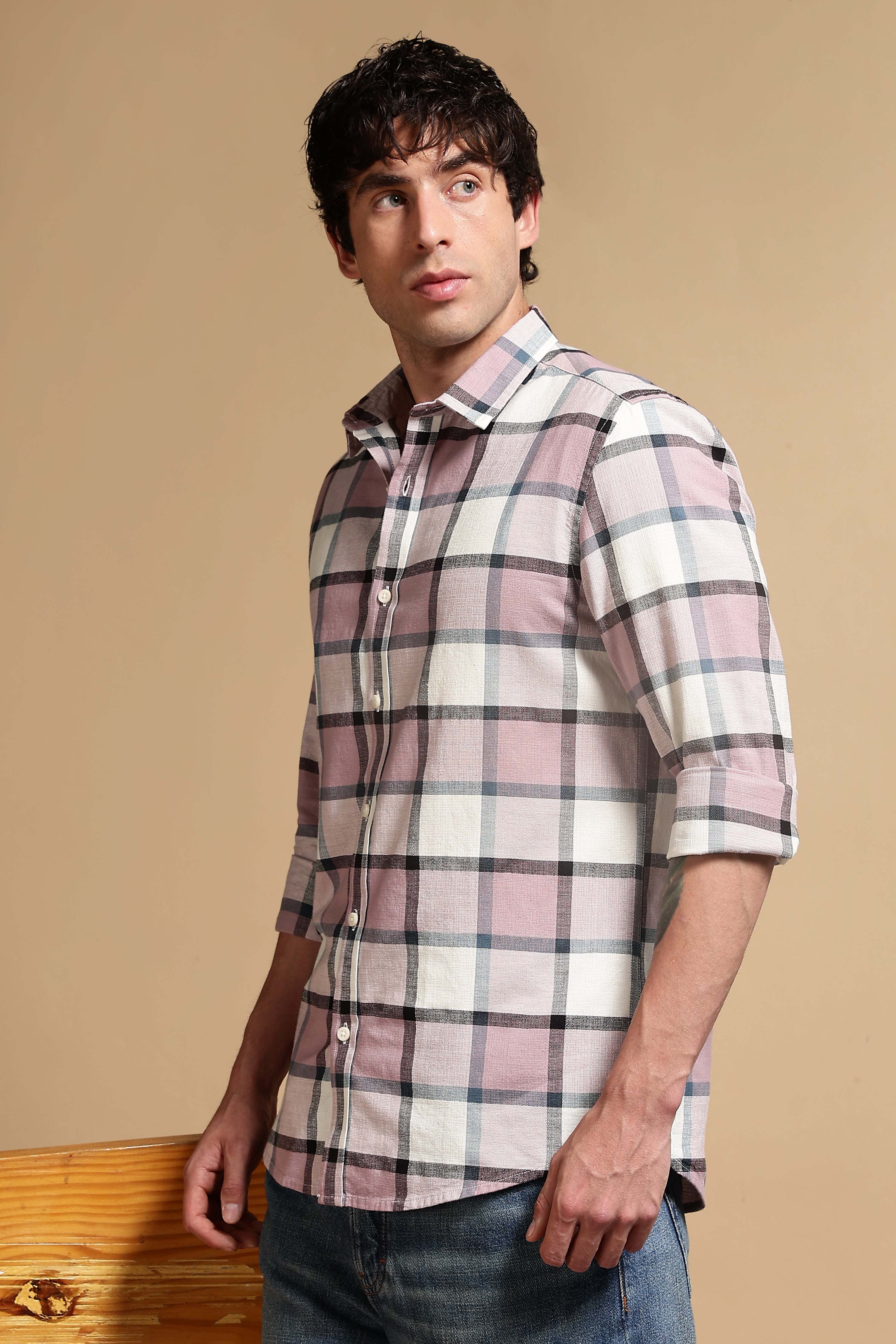 Men Pink Slim Fit Cotton Check Shirt