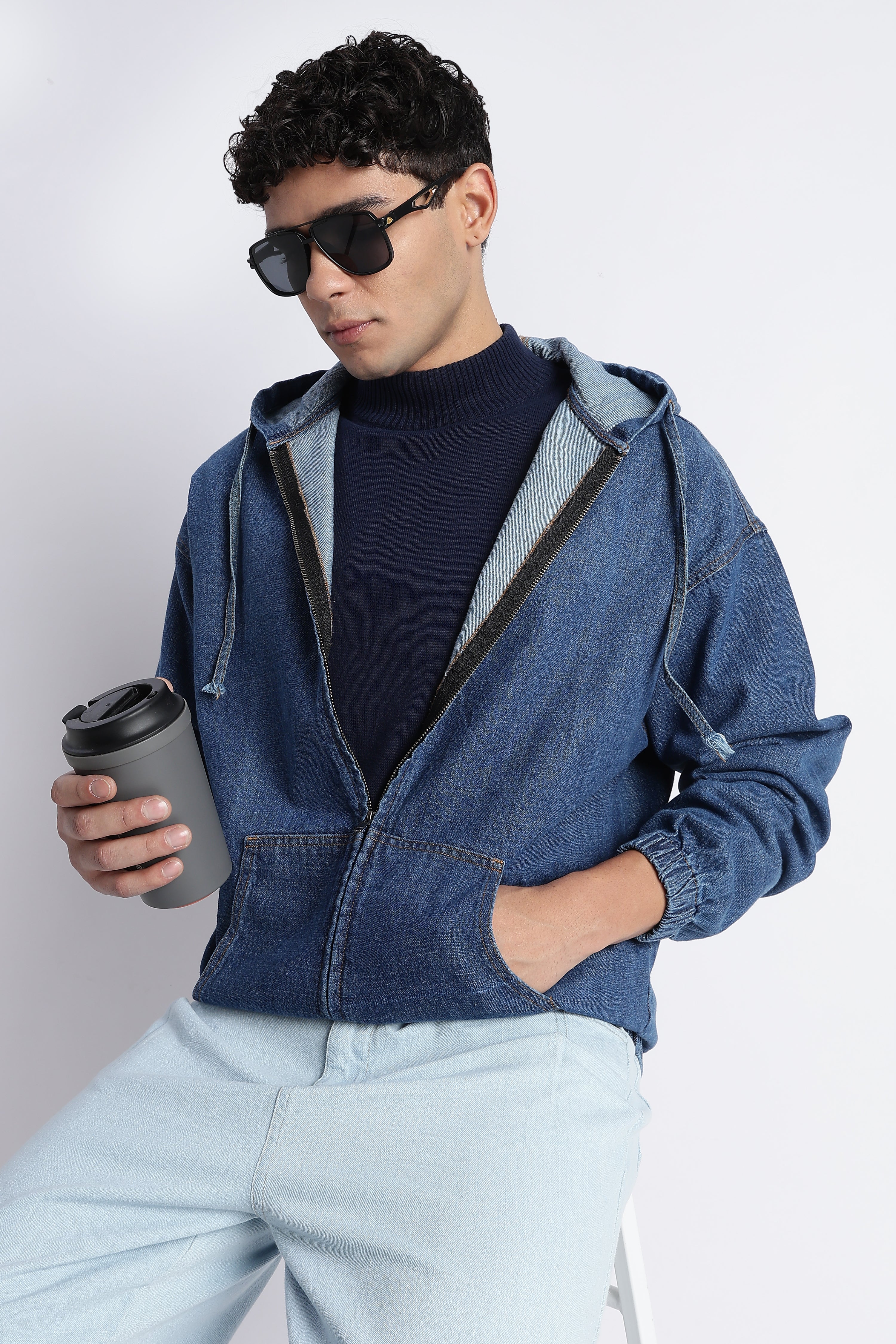 Men Mid Blue Denim Zip-Up Hoodie Jacket