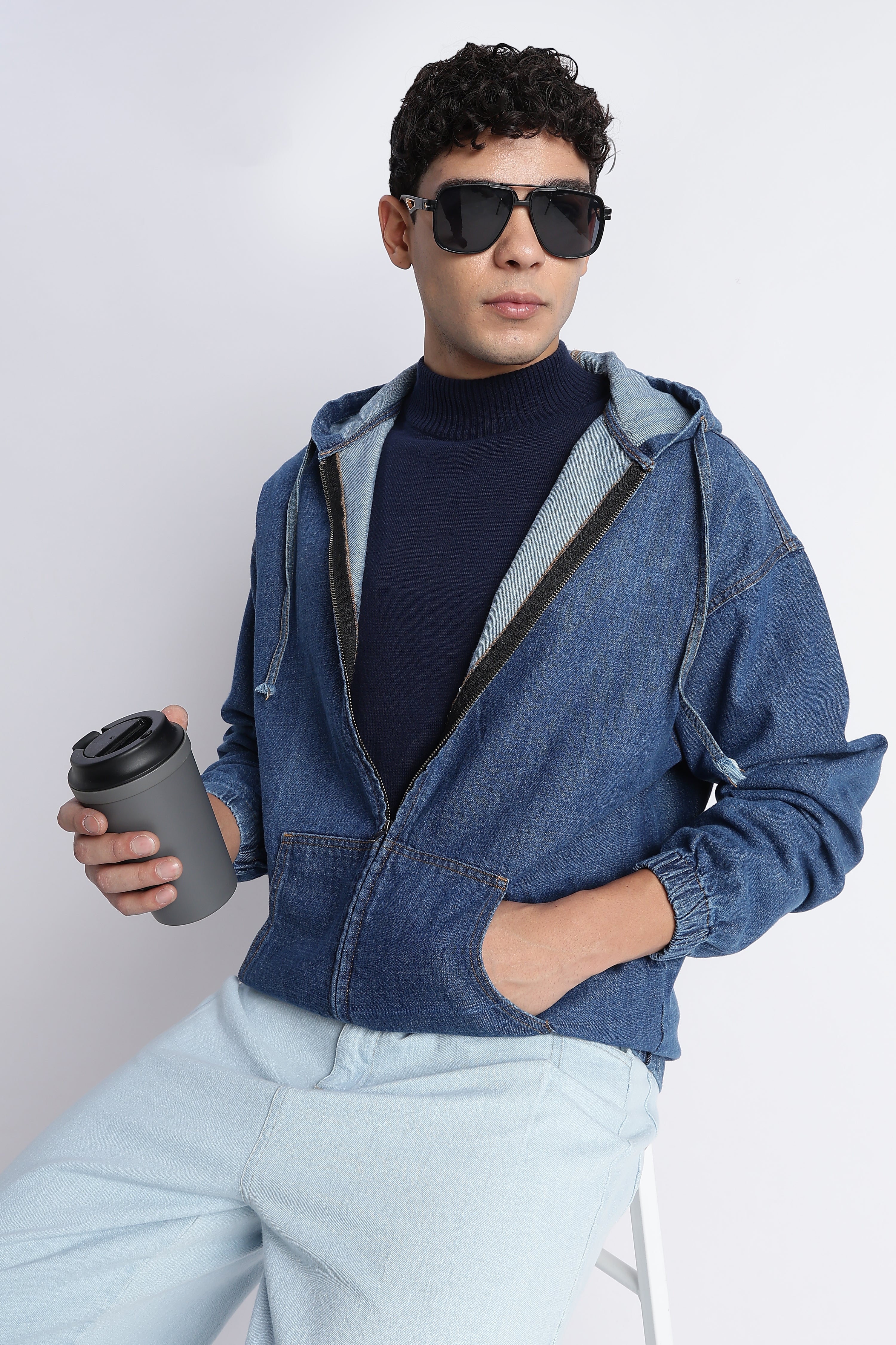 Men Mid Blue Denim Zip-Up Hoodie Jacket