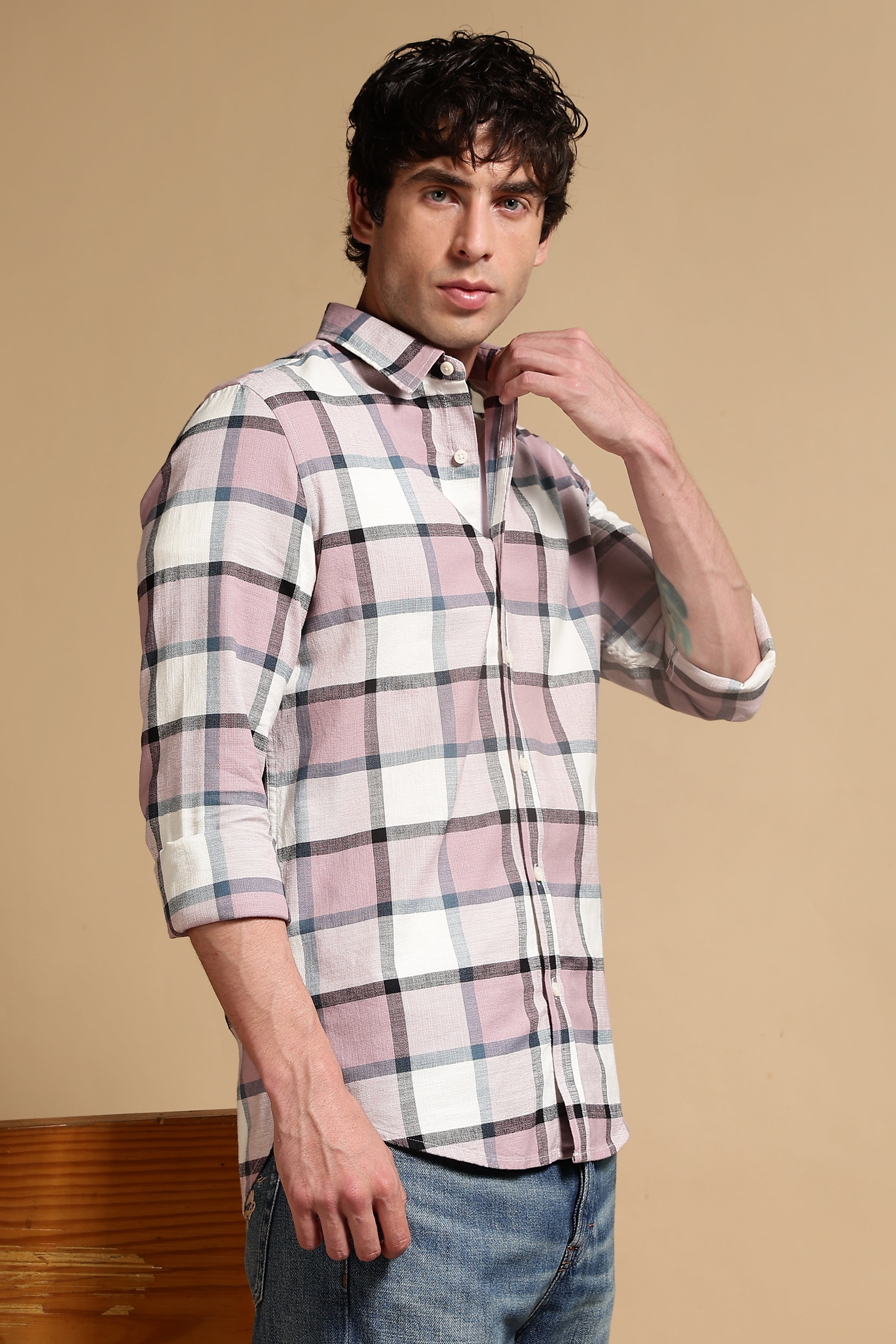 Men Pink Slim Fit Cotton Check Shirt