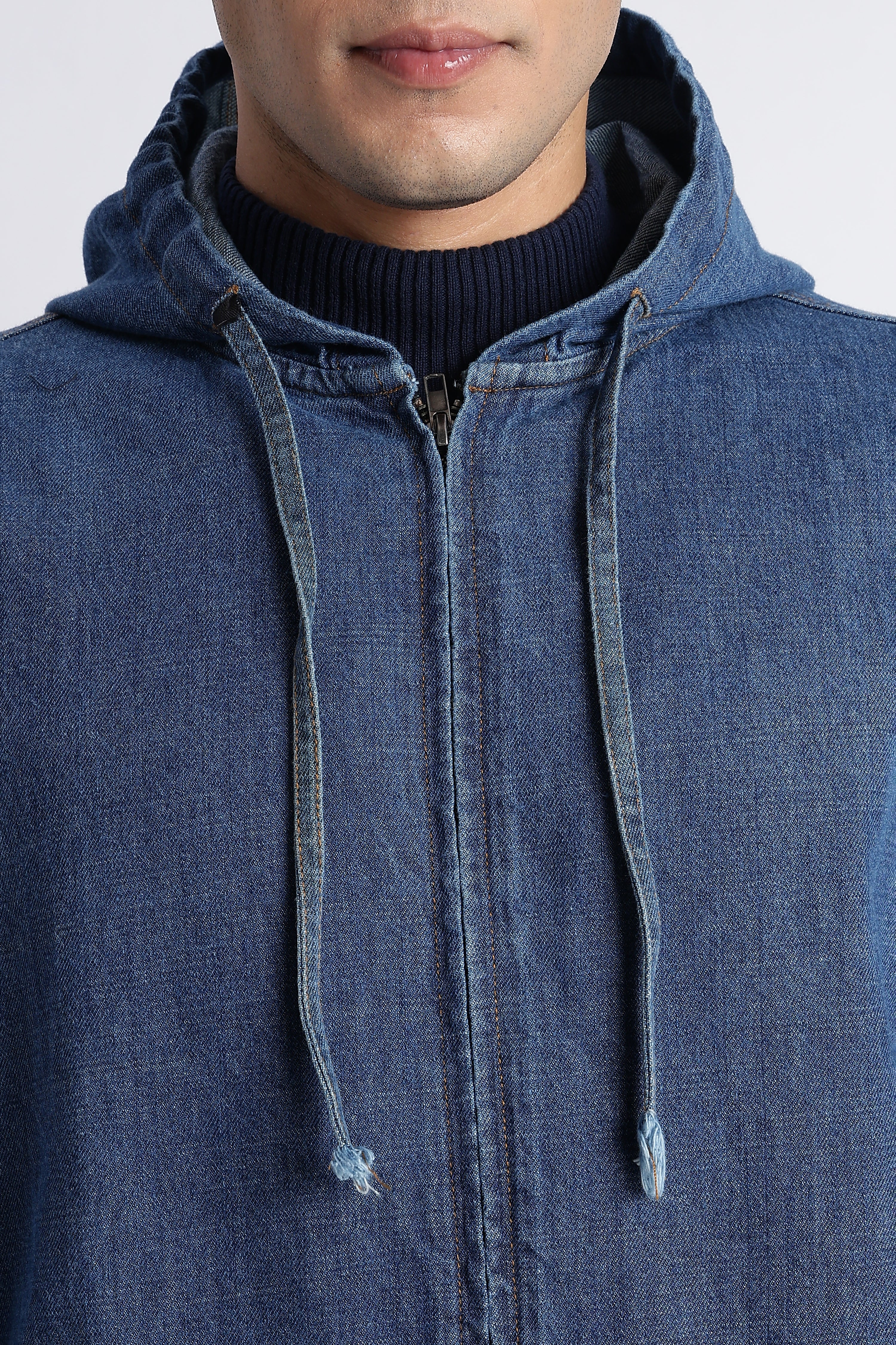 Men Mid Blue Denim Zip-Up Hoodie Jacket