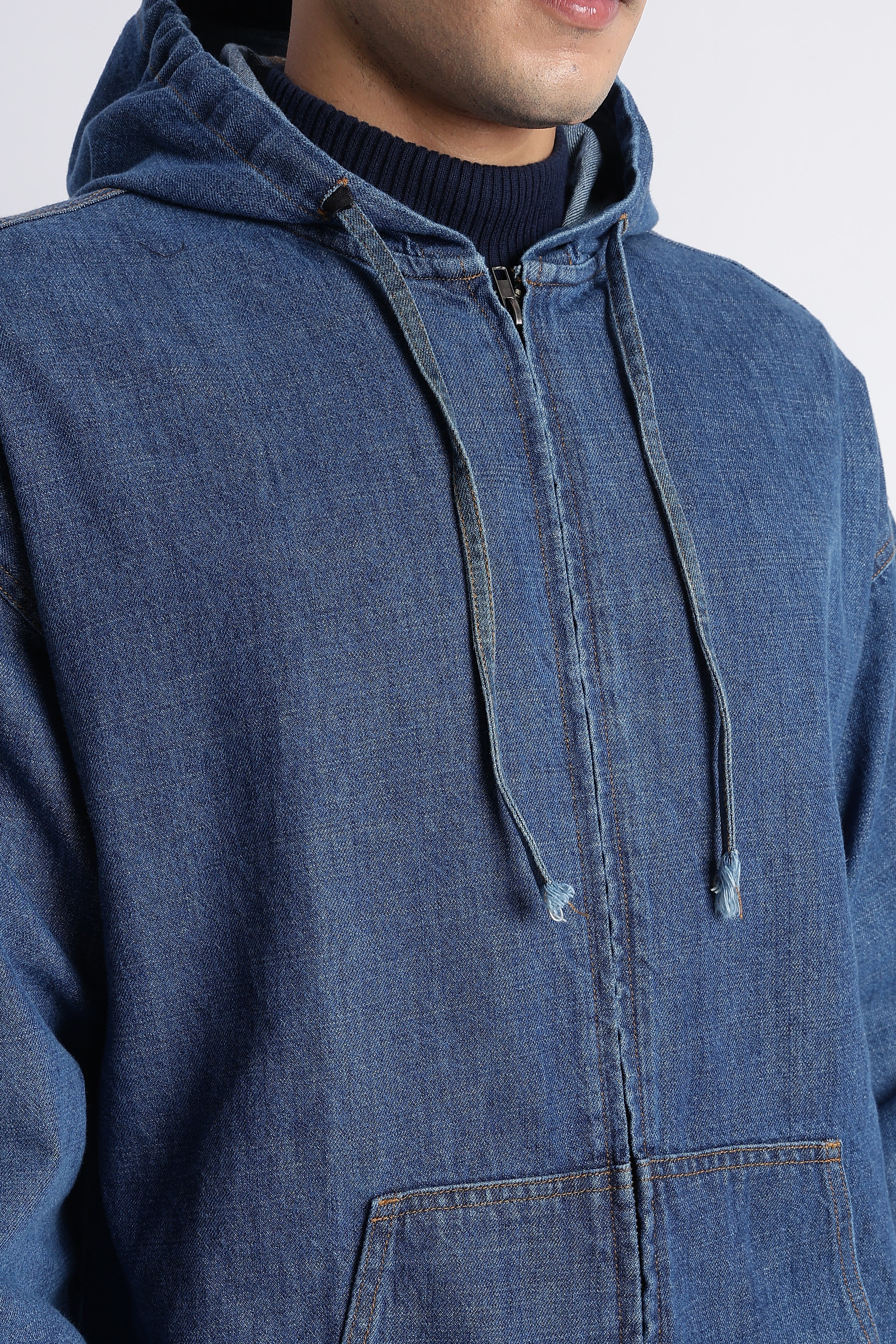 Men Mid Blue Denim Zip-Up Hoodie Jacket