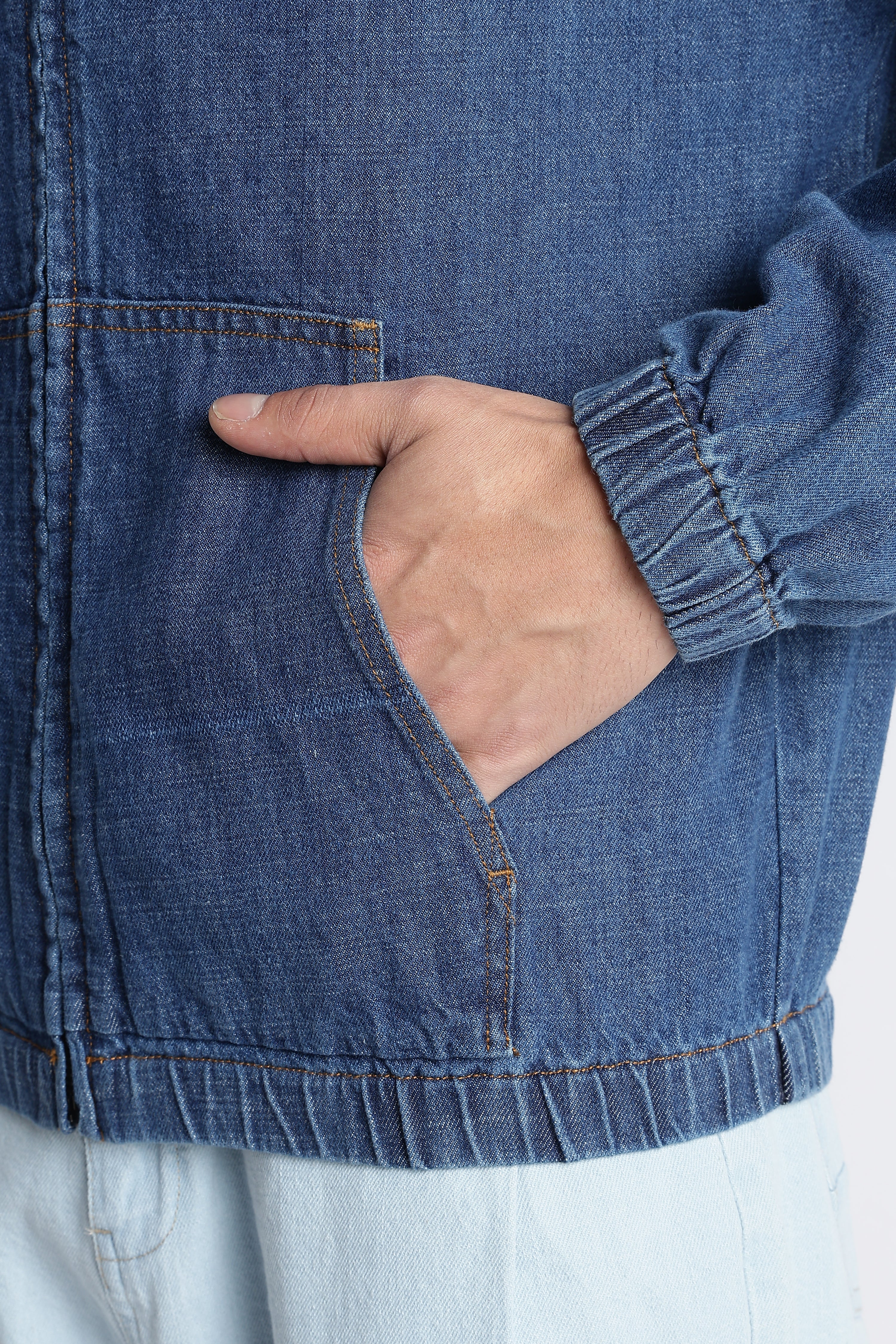 Men Mid Blue Denim Zip-Up Hoodie Jacket