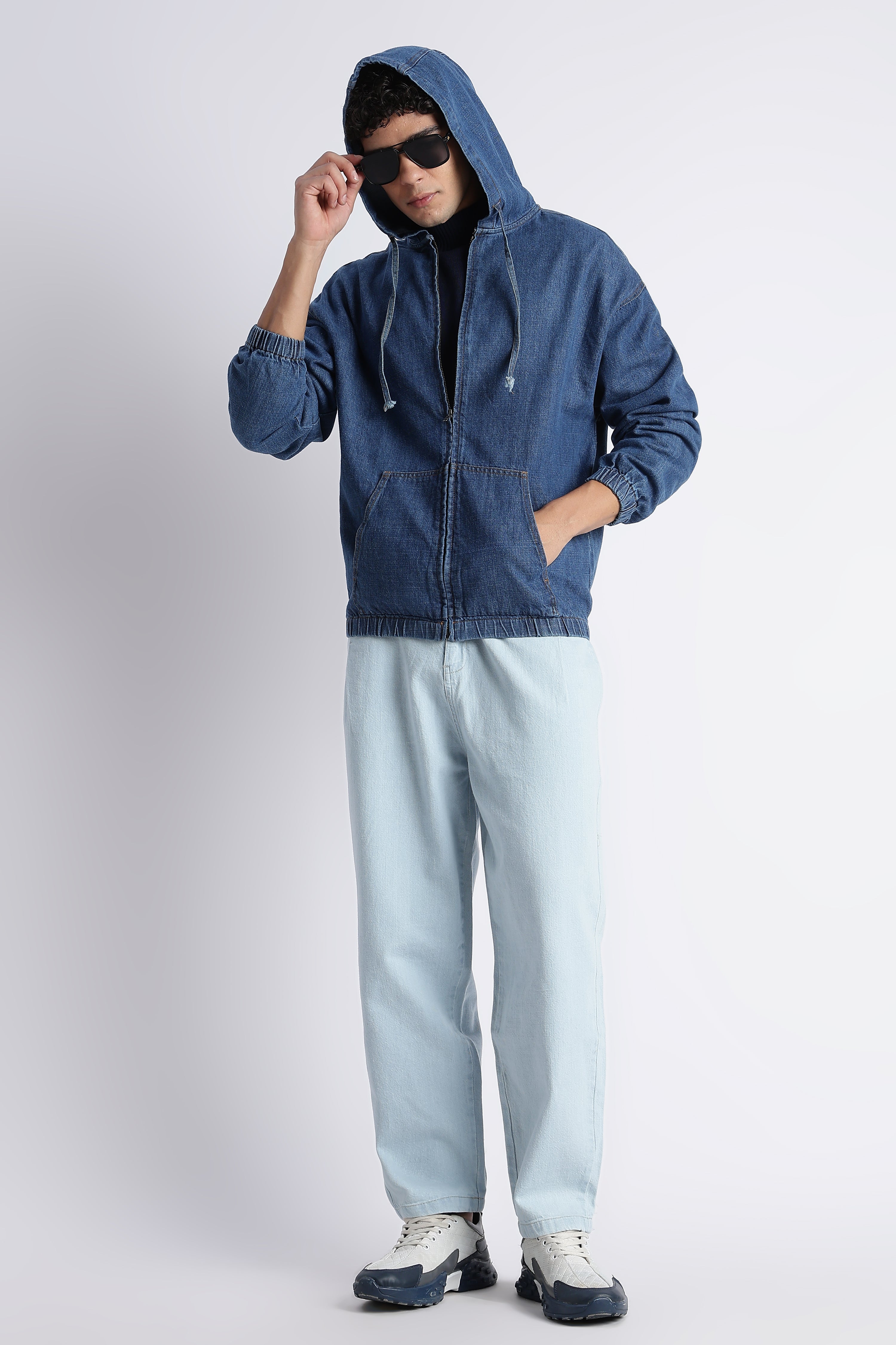 Men Mid Blue Denim Zip-Up Hoodie Jacket