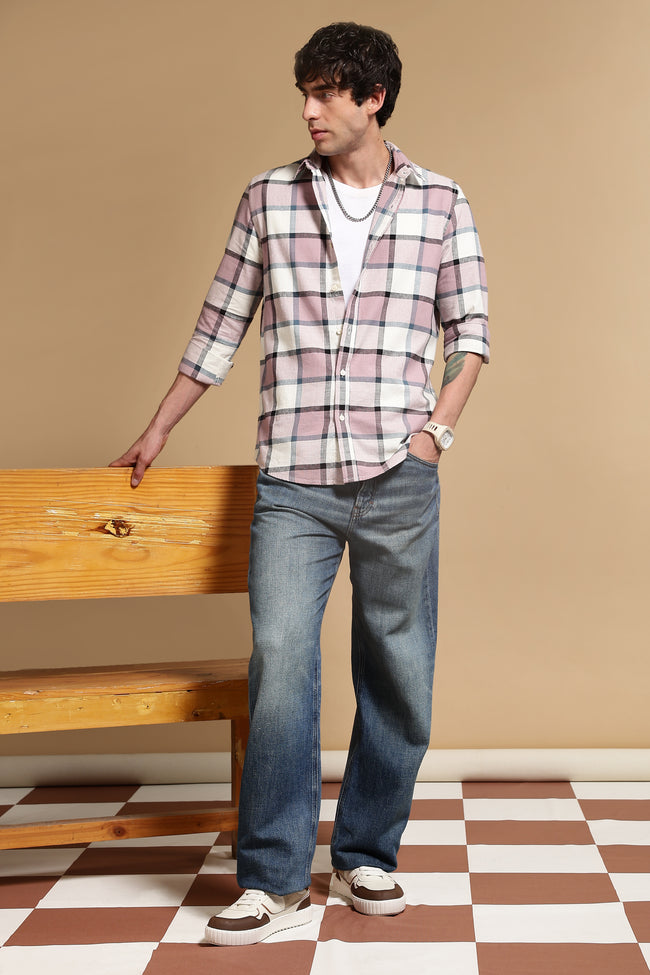 Men Pink Slim Fit Cotton Check Shirt