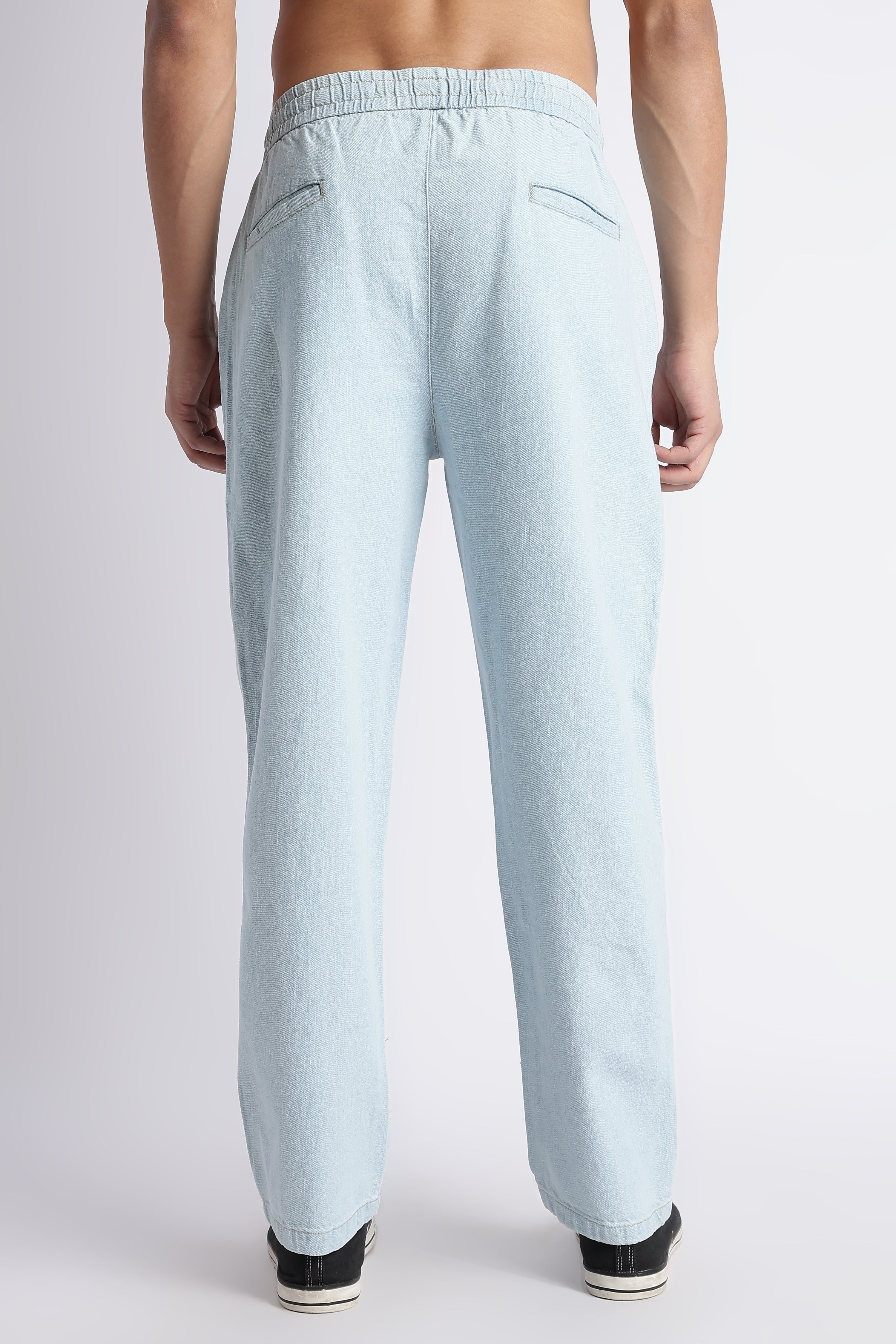 Men Ice Blue Drawstring Denim Pant