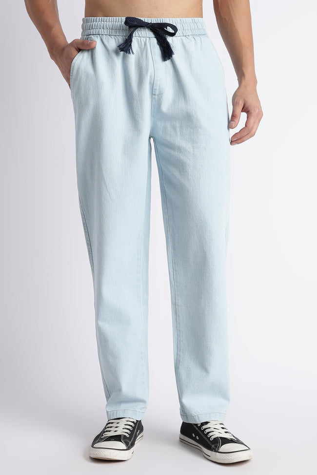 Men Ice Blue Drawstring Denim Pant