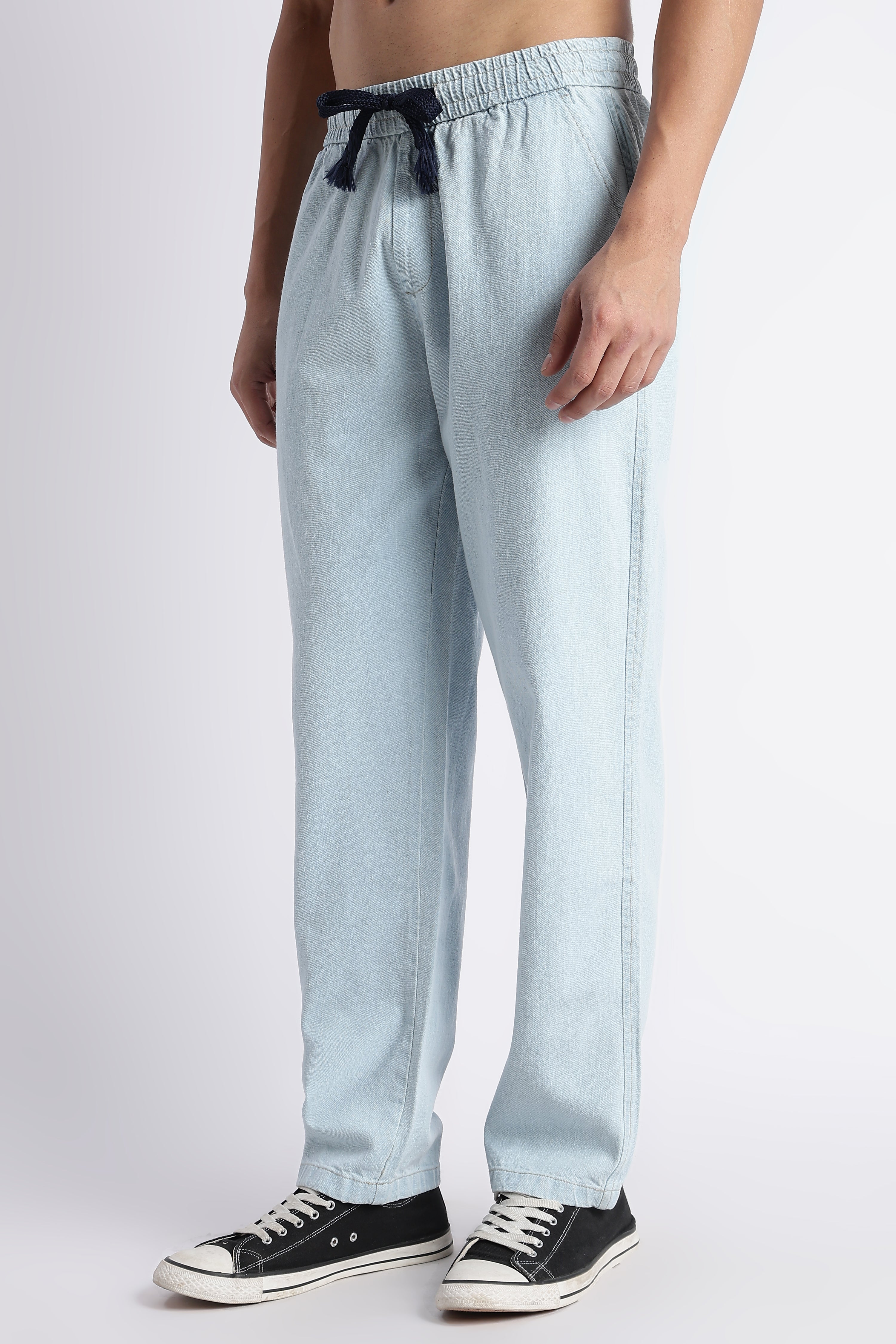 Men Ice Blue Drawstring Denim Pant