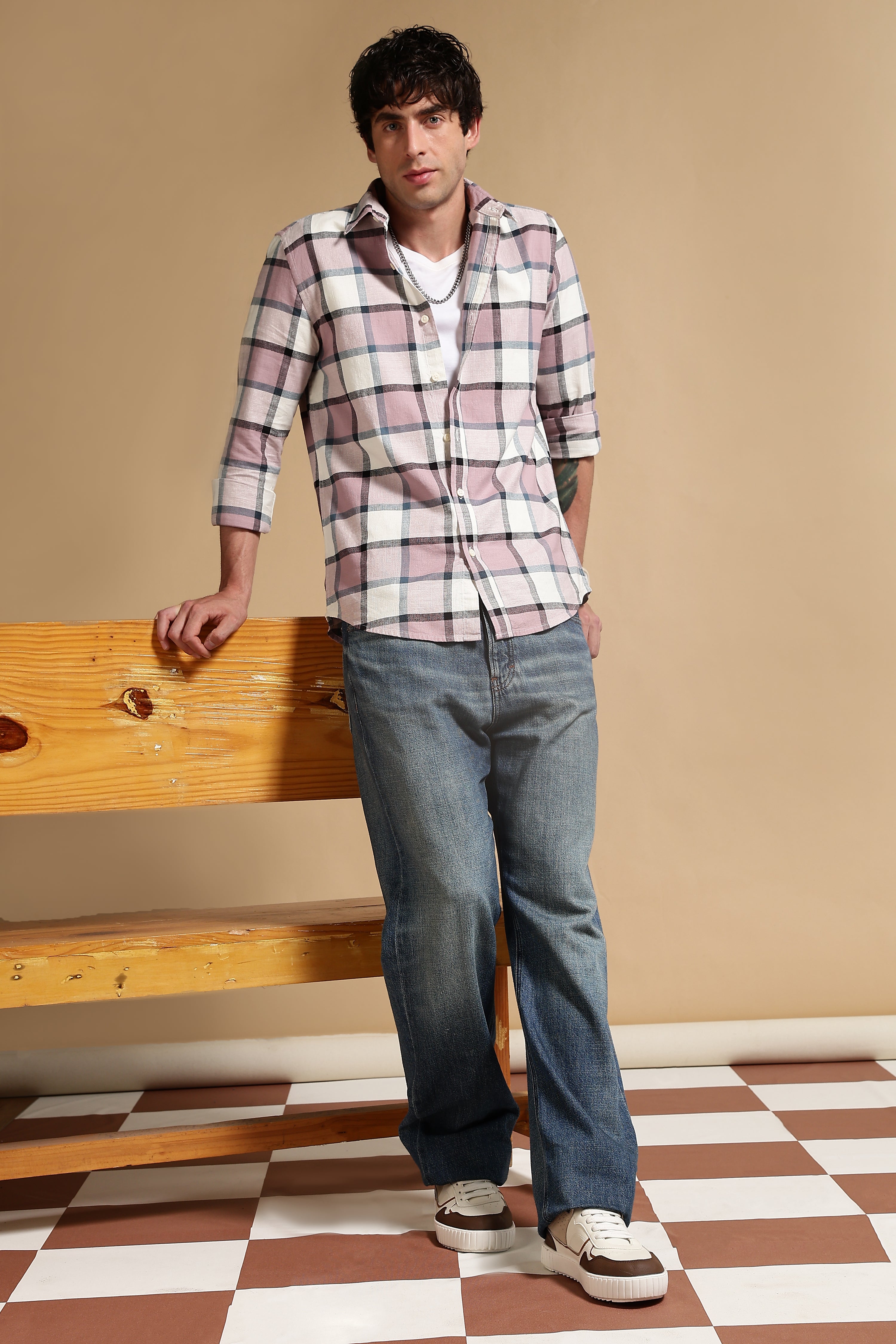 Men Pink Slim Fit Cotton Check Shirt