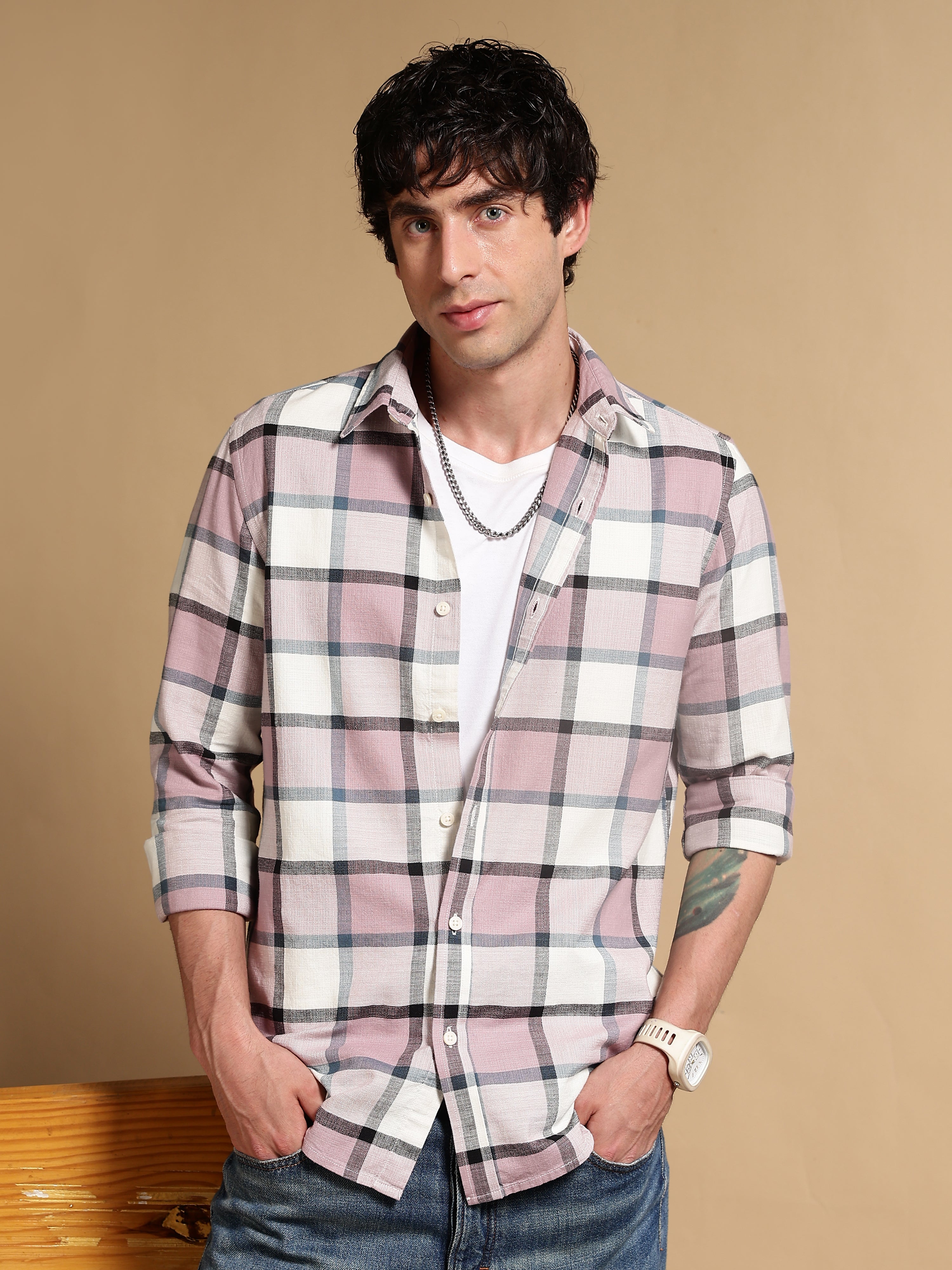 Men Pink Slim Fit Cotton Check Shirt