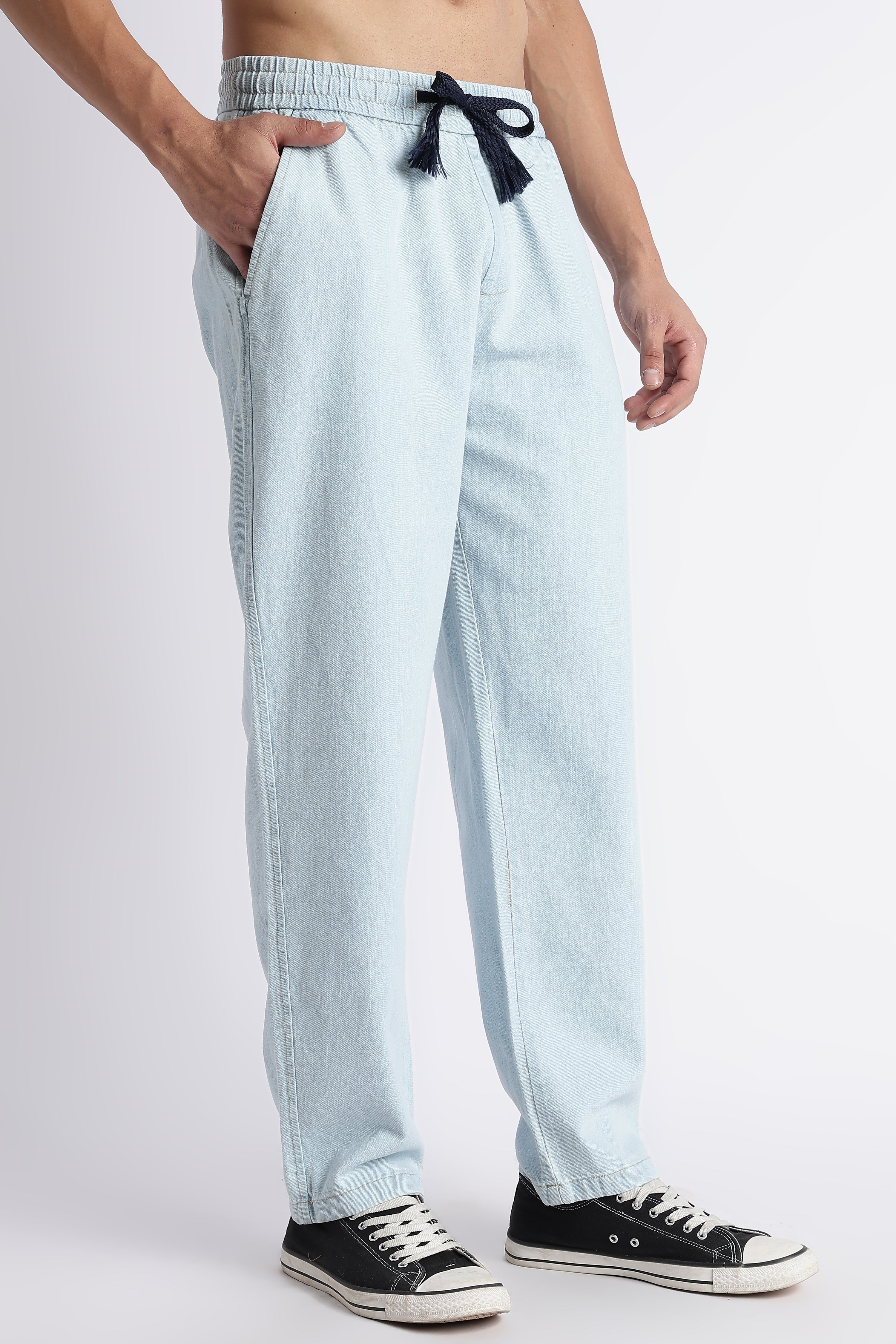 Men Ice Blue Drawstring Denim Pant