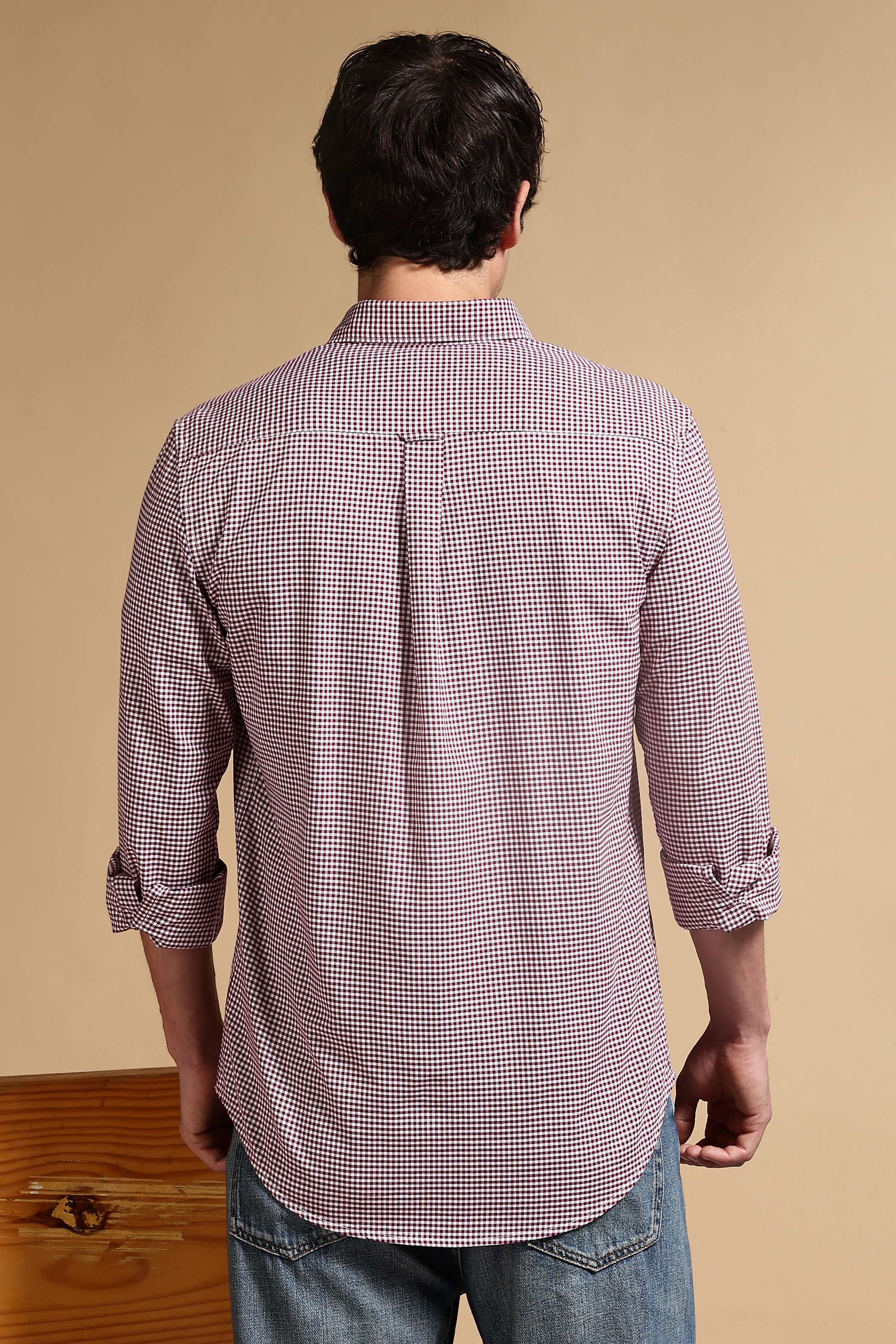 Men Maroon Cotton Oxford Slim Fit Mini Checks Shirt