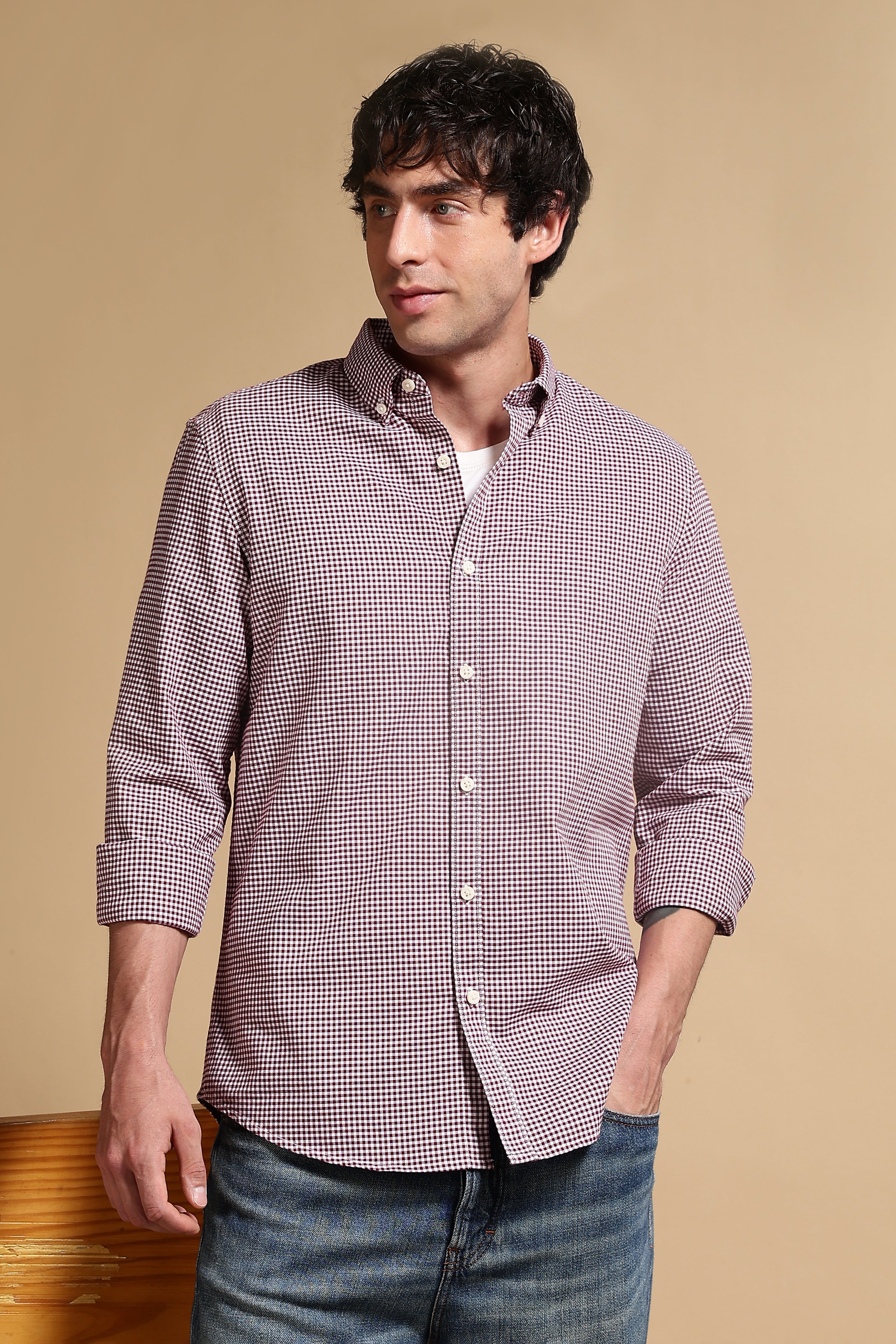 Men Maroon Cotton Oxford Slim Fit Mini Checks Shirt