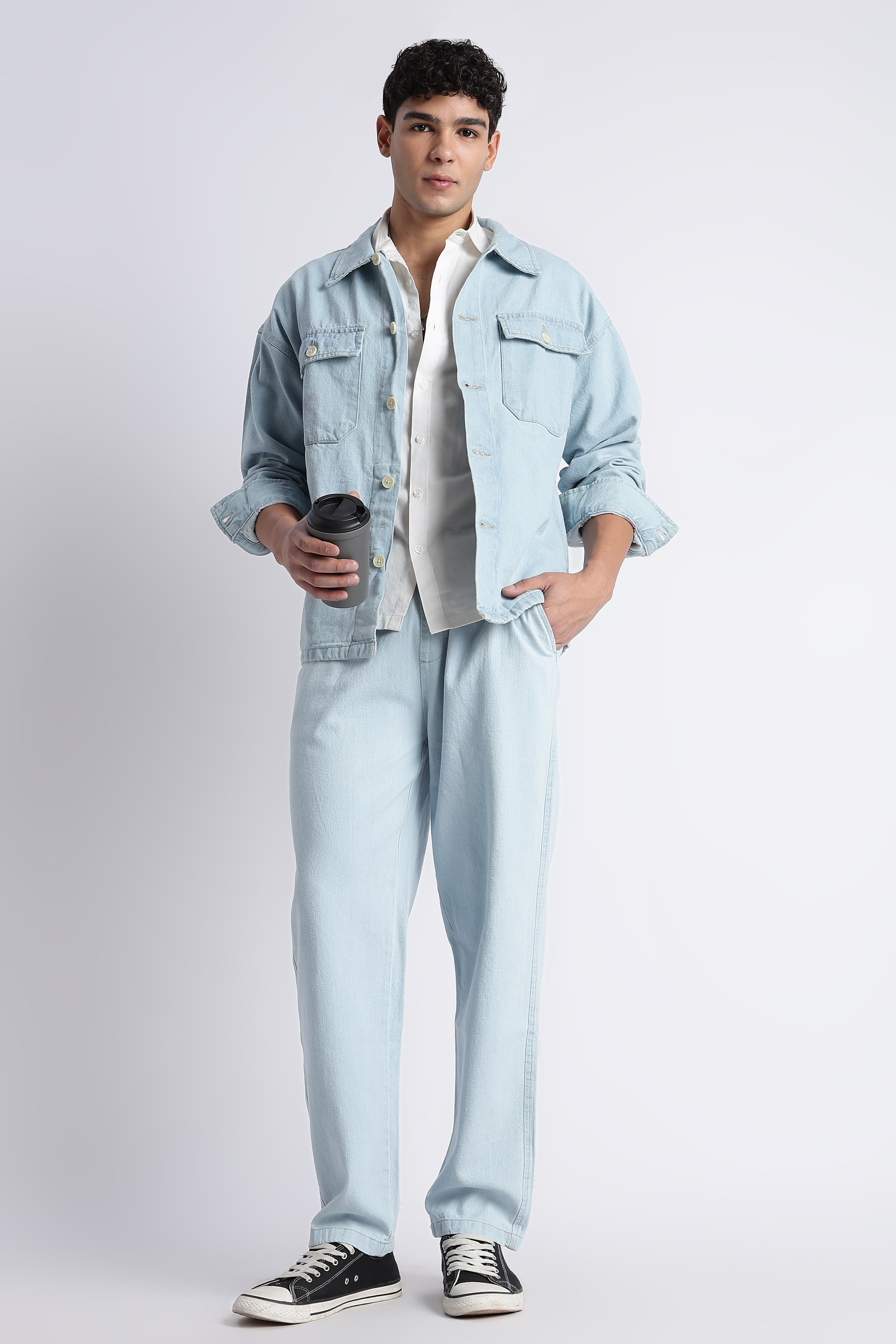 Men Ice Blue Drawstring Denim Pant