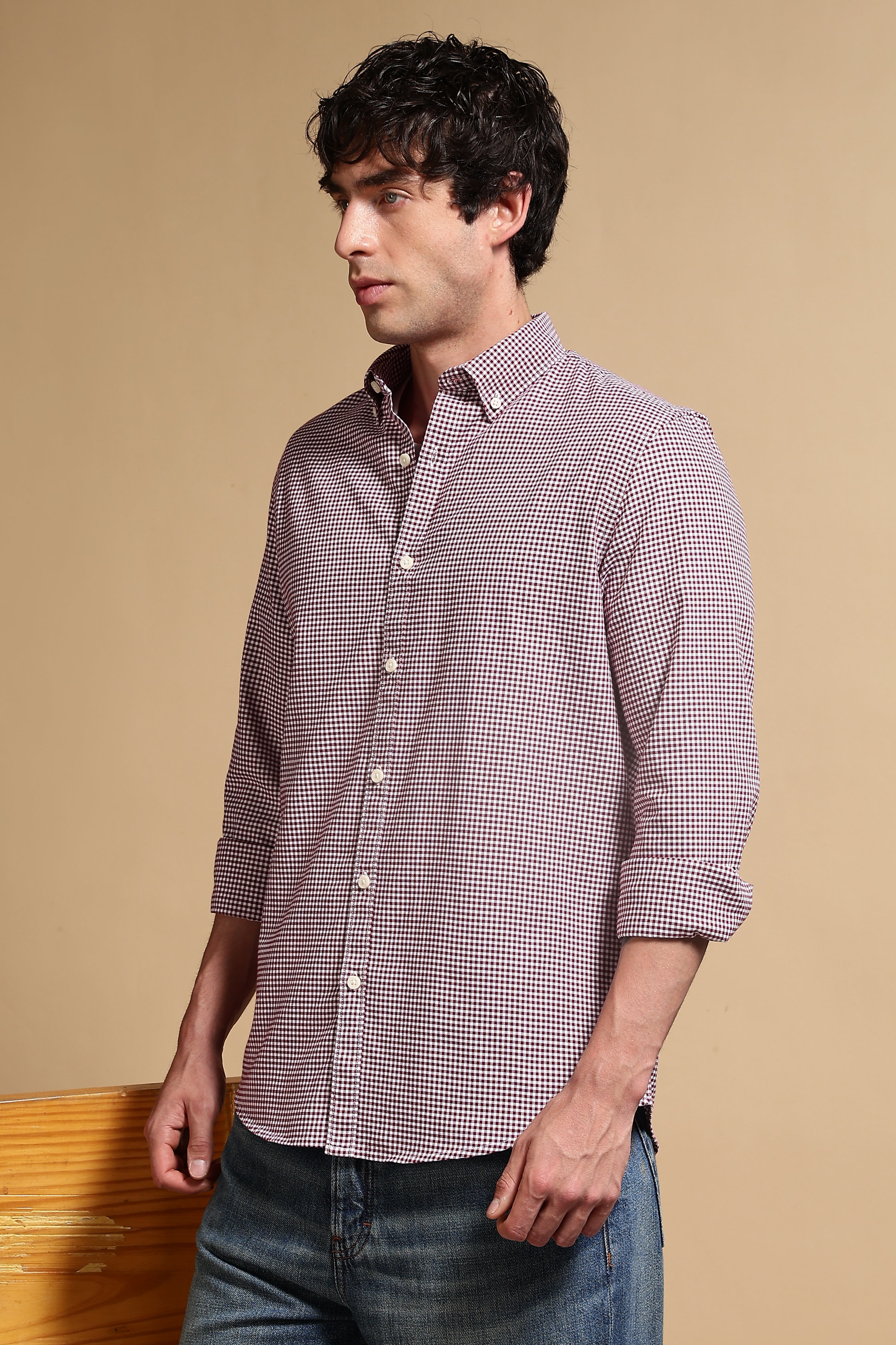 Men Maroon Cotton Oxford Slim Fit Mini Checks Shirt