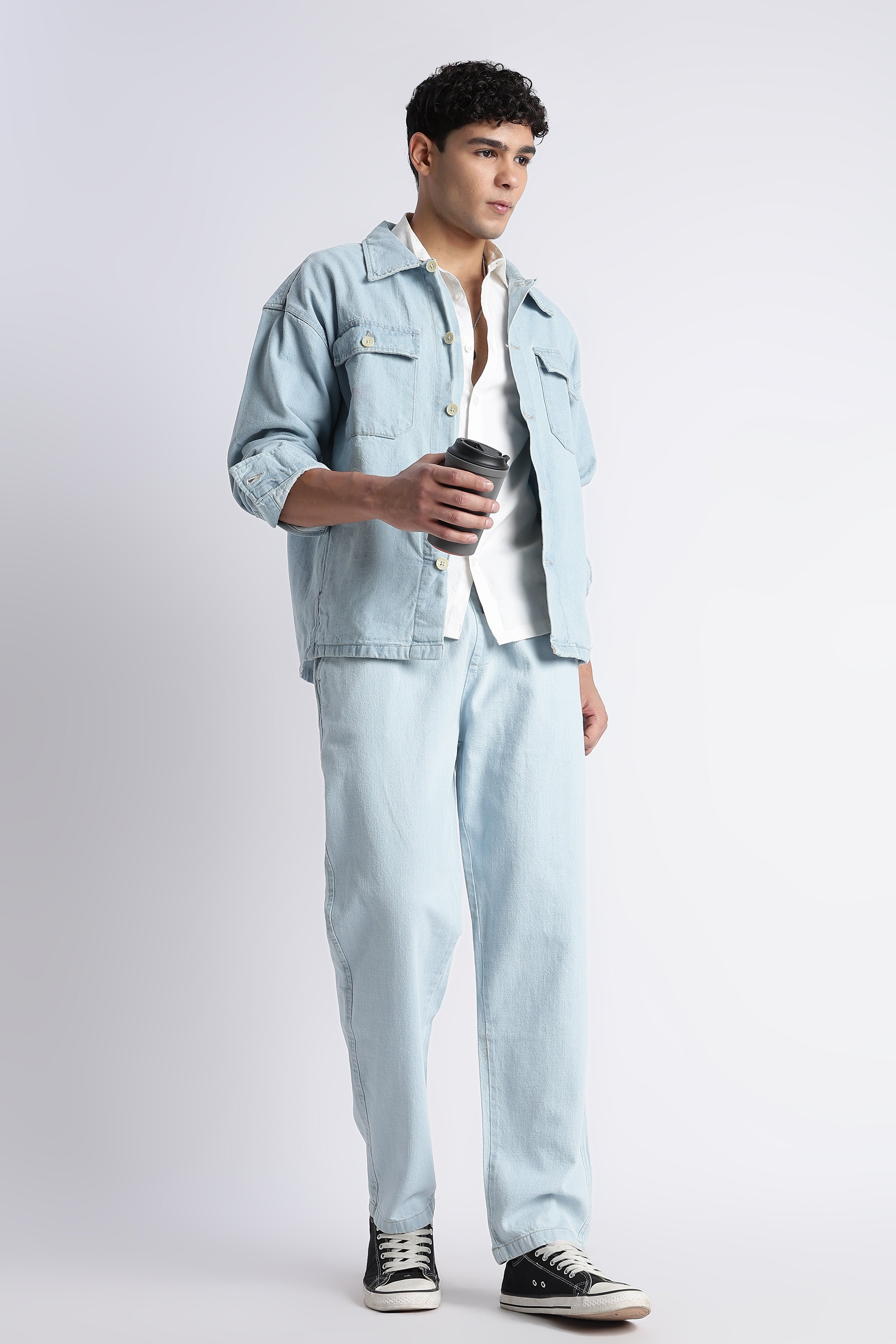 Men Ice Blue Drawstring Denim Pant